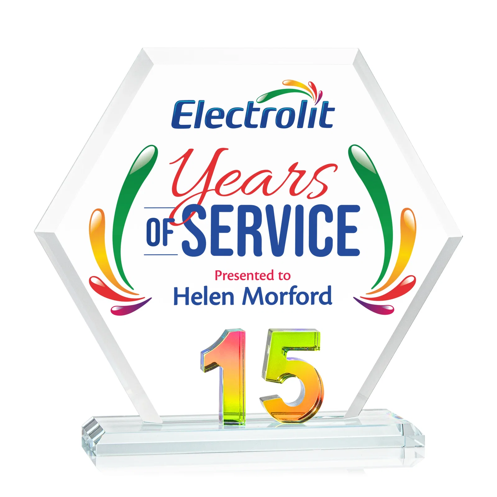 Promotional Starfire Crystal Hexagon 15-Year Anniversary Award, awards for corporate award ceremonies