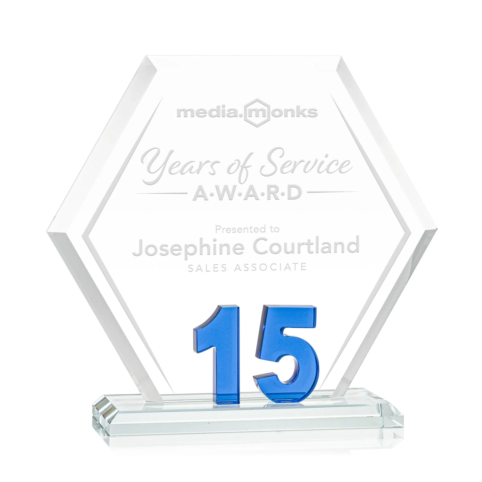 Custom Starfire Crystal Hexagon 15-Year Anniversary Award, awards for service anniversary gifts