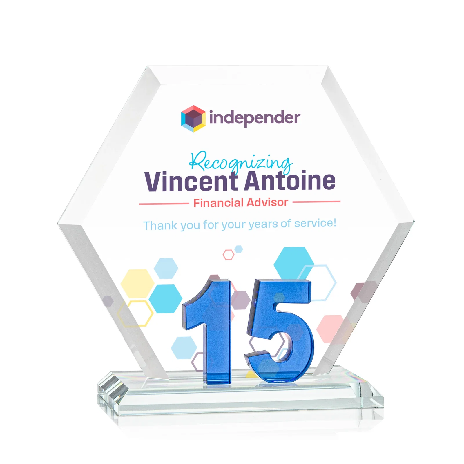 Custom Starfire Crystal Hexagon 15-Year Anniversary Award, awards for donor appreciation