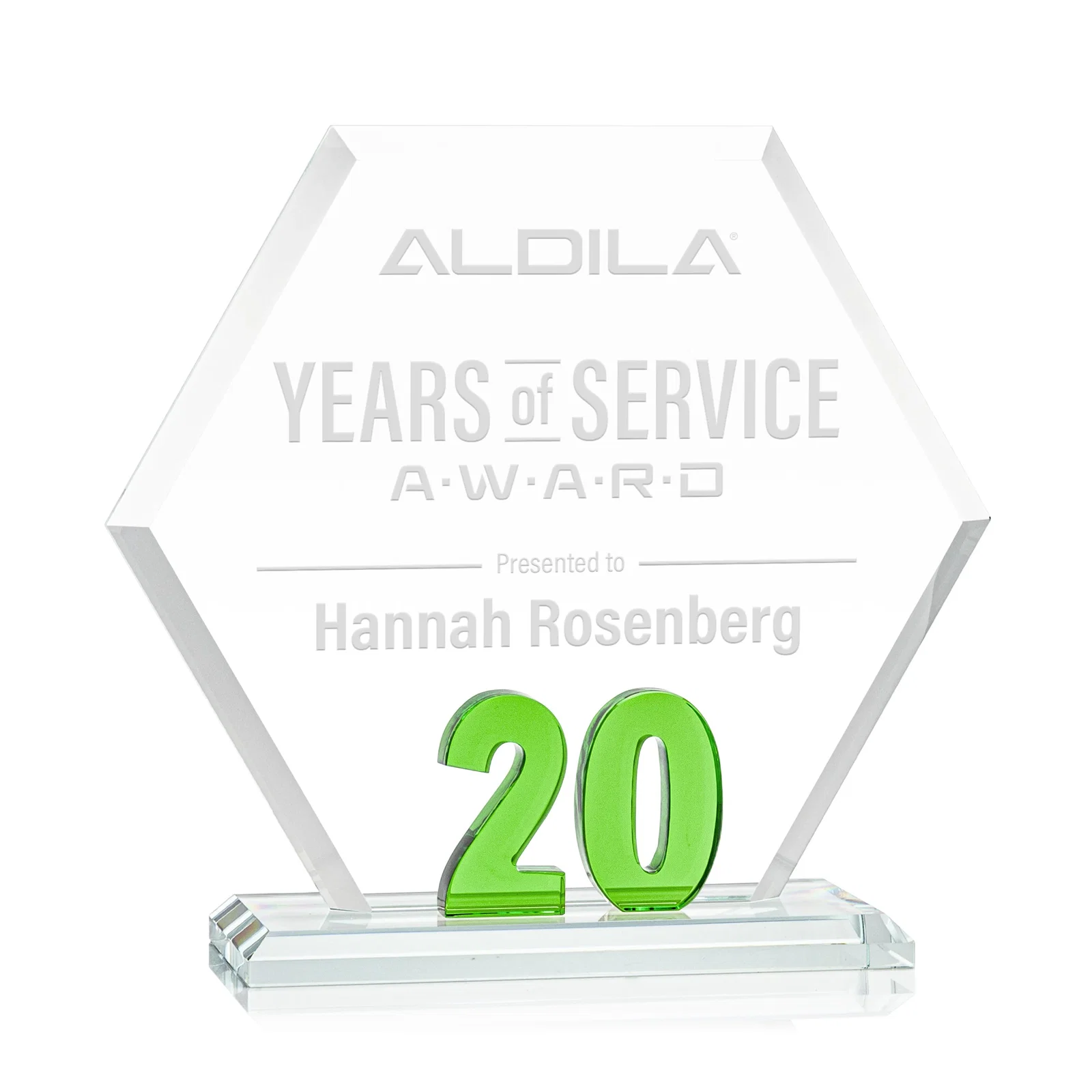 Custom Starfire Crystal Hexagon 20-Year Anniversary Award, awards for company anniversary events
