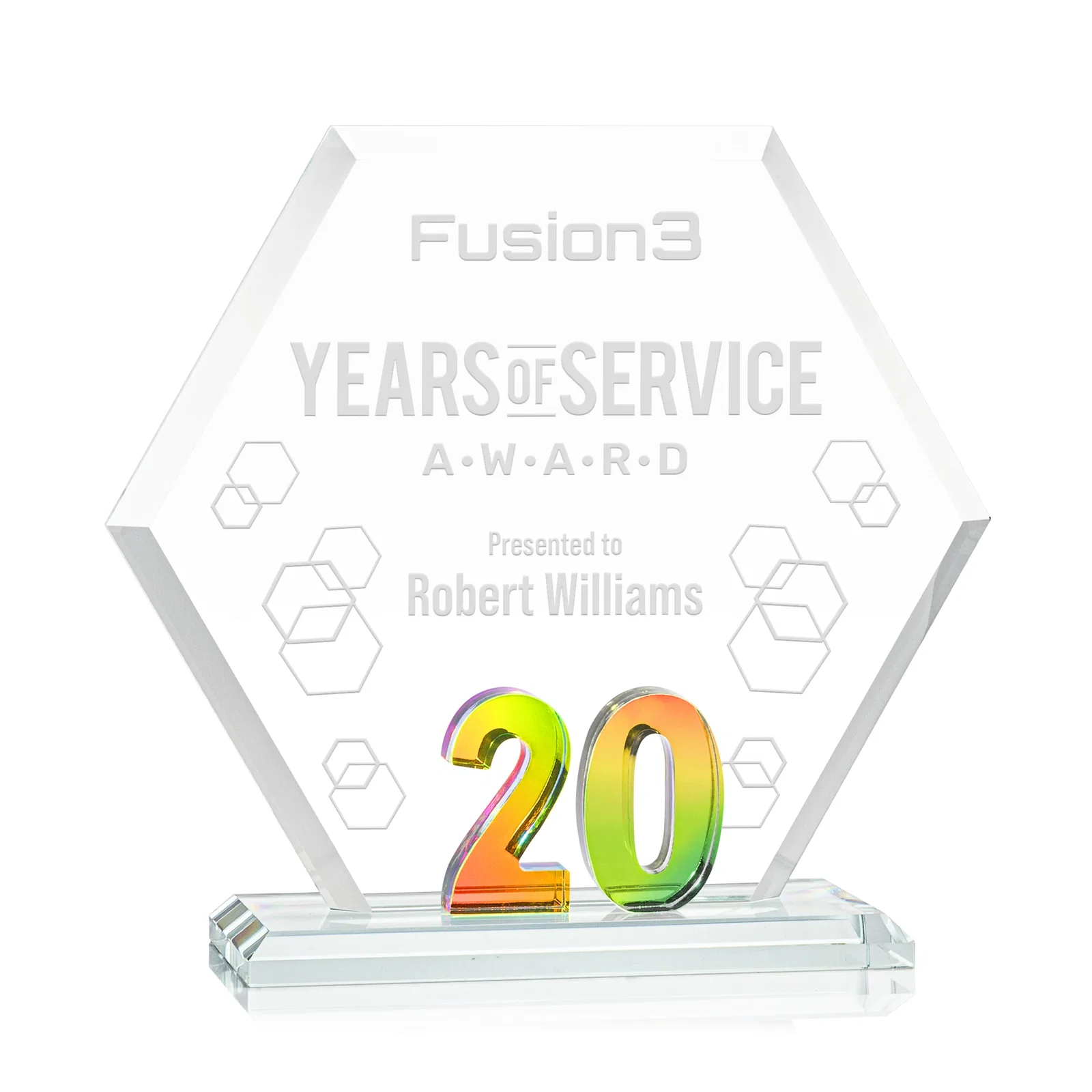 Personalized Starfire Crystal Hexagon 20-Year Anniversary Award, awards for safety achievement programs