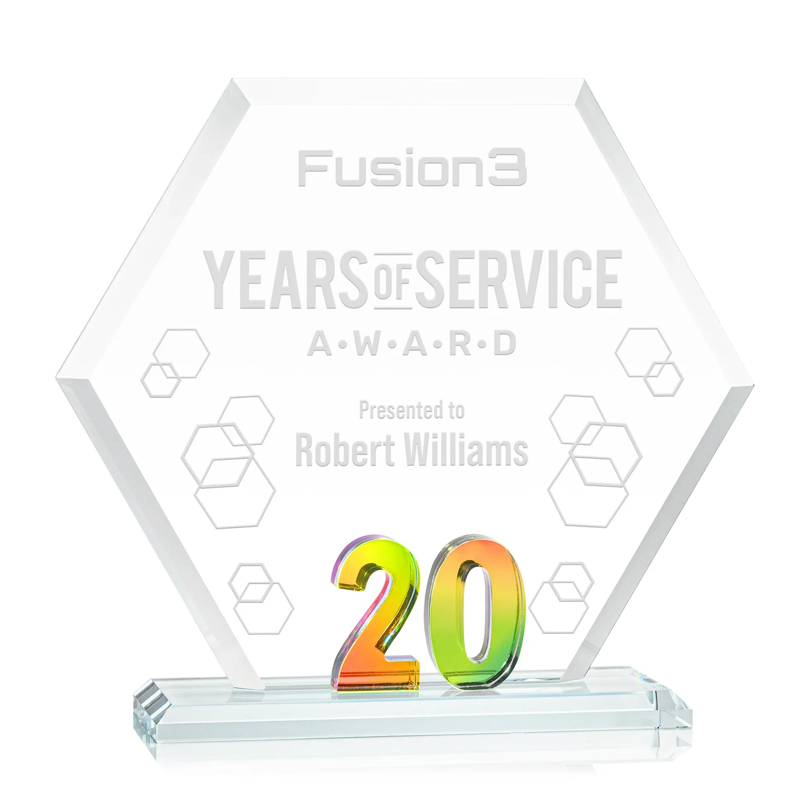 Personalized Starfire Crystal Hexagon 20-Year Anniversary Award, awards for volunteer appreciation