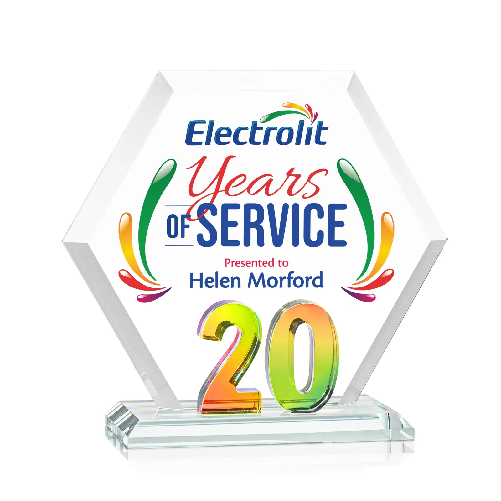 Personalized Starfire Crystal Hexagon 20-Year Anniversary Award, awards for company anniversary events