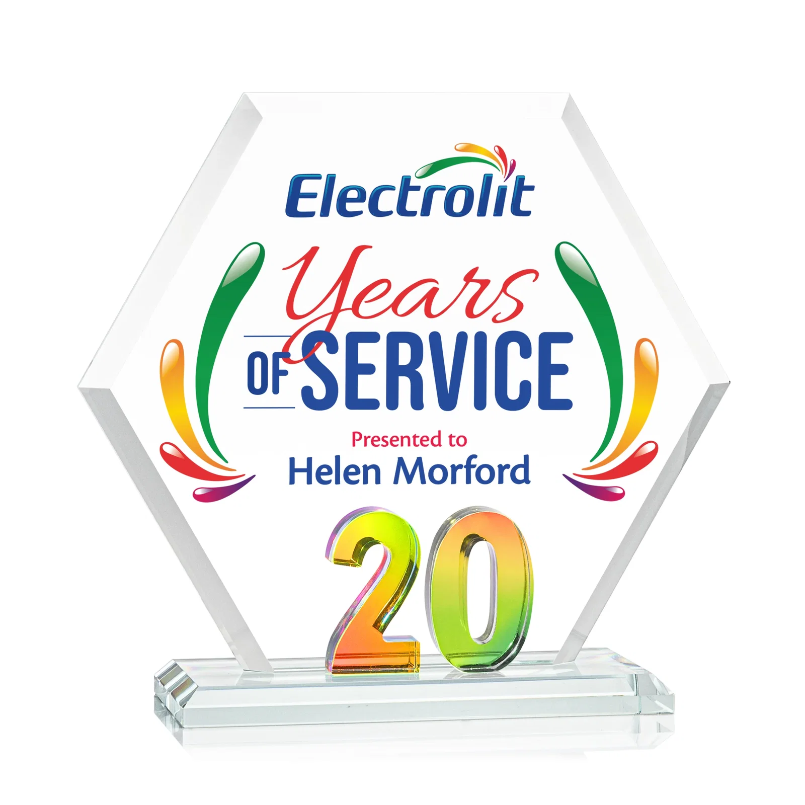 Promotional Starfire Crystal Hexagon 20-Year Anniversary Award, awards for employee recognition