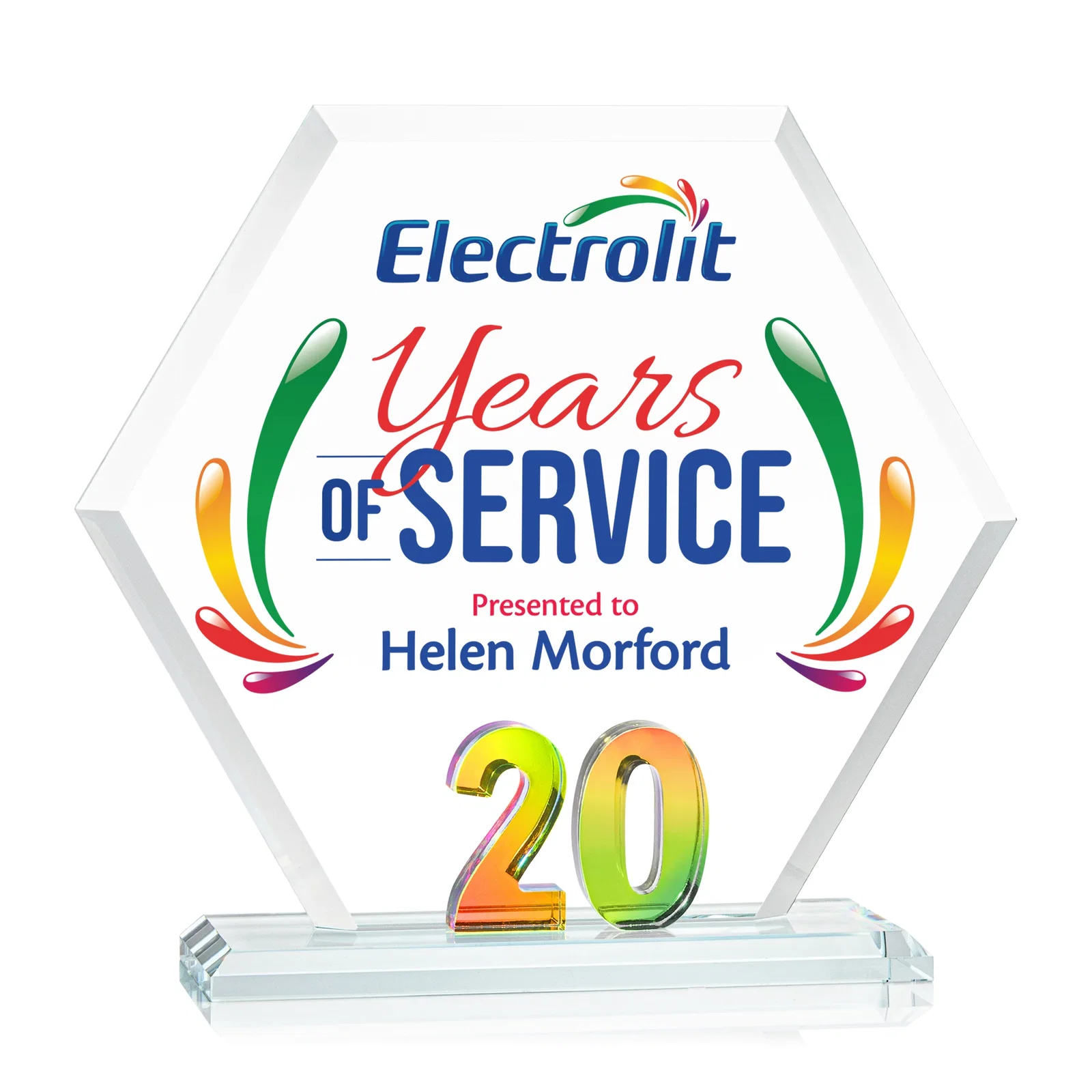 Promotional Starfire Crystal Hexagon 20-Year Anniversary Award, awards for corporate award ceremonies