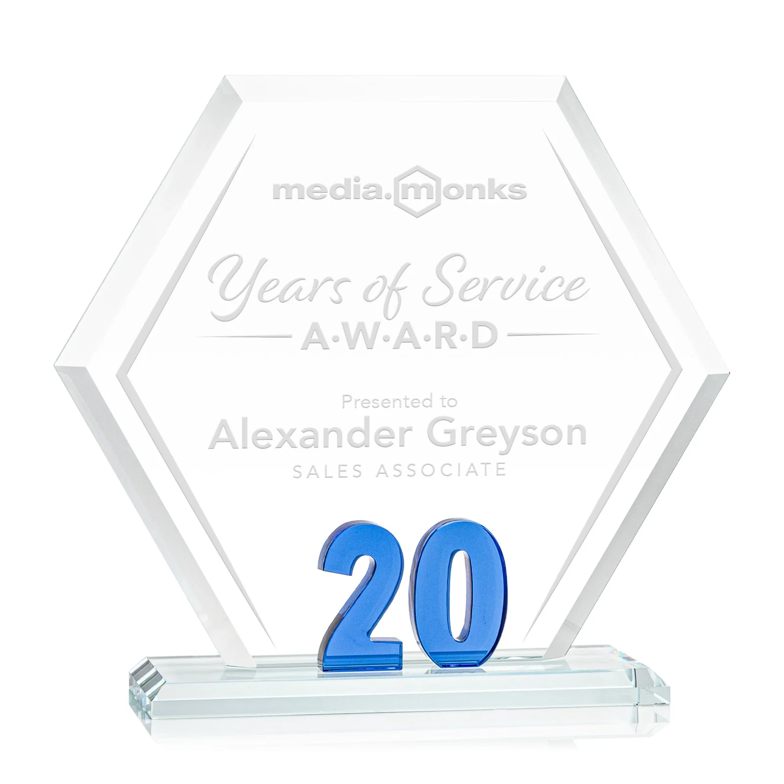 Custom Starfire Crystal Hexagon 20-Year Anniversary Award, awards for sales achievement awards
