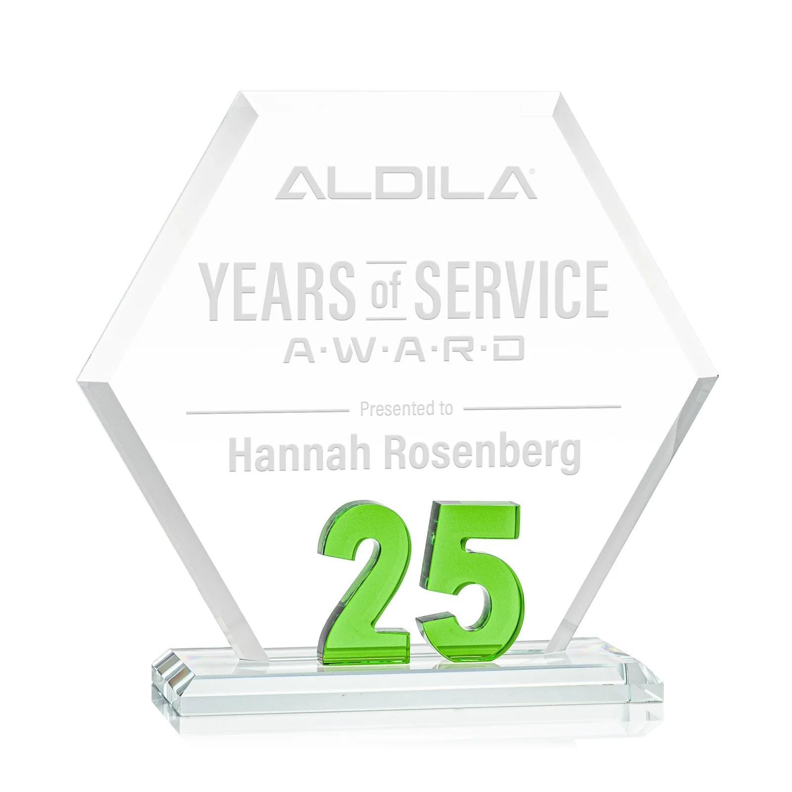 Custom Starfire Crystal Hexagon 25-Year Anniversary Award, awards for company anniversary events