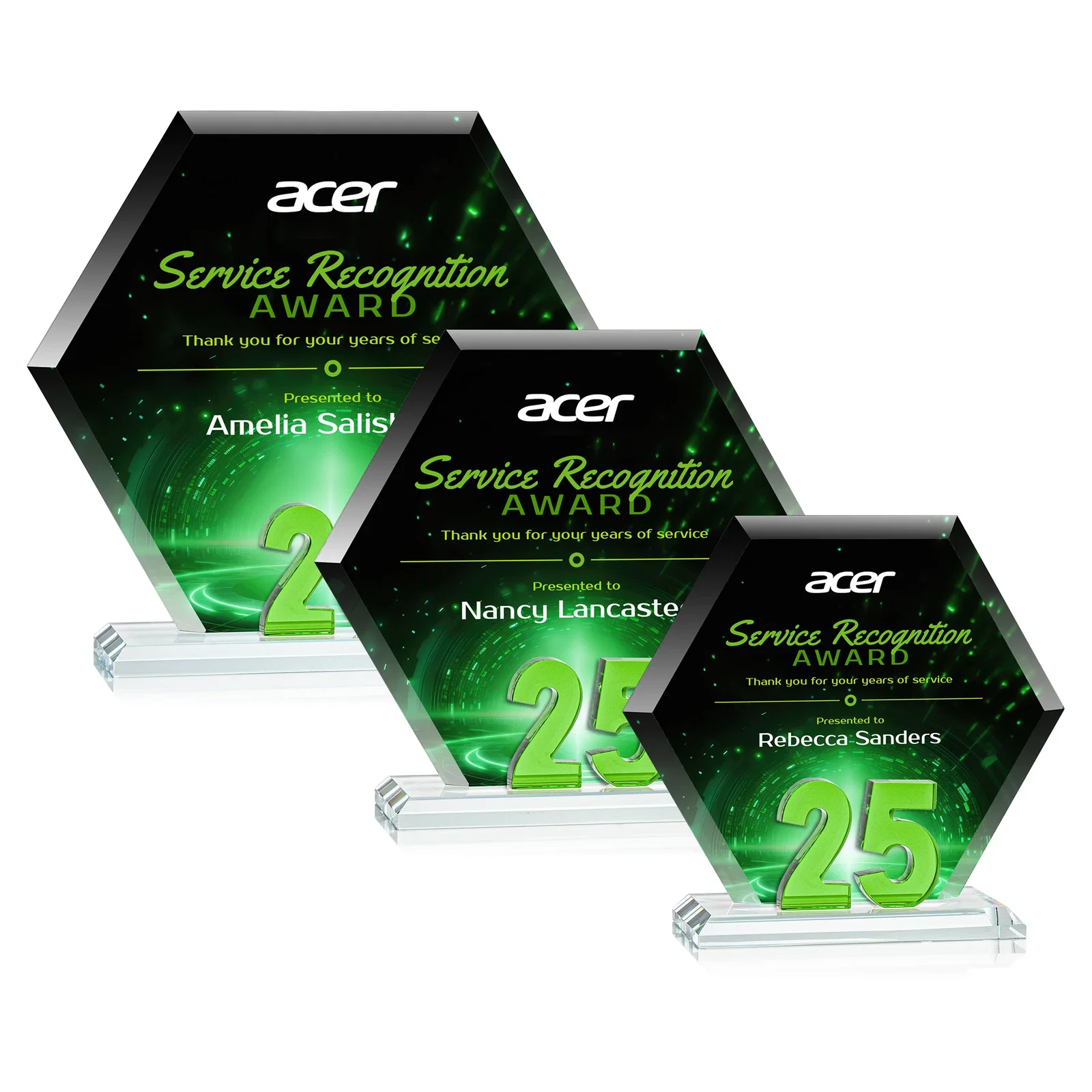 Personalized Starfire Crystal Hexagon 25-Year Anniversary Award, awards for service anniversary gifts