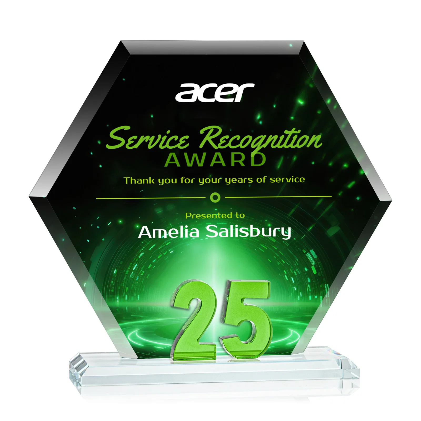 Personalized Starfire Crystal Hexagon 25-Year Anniversary Award, awards for team milestone celebrations