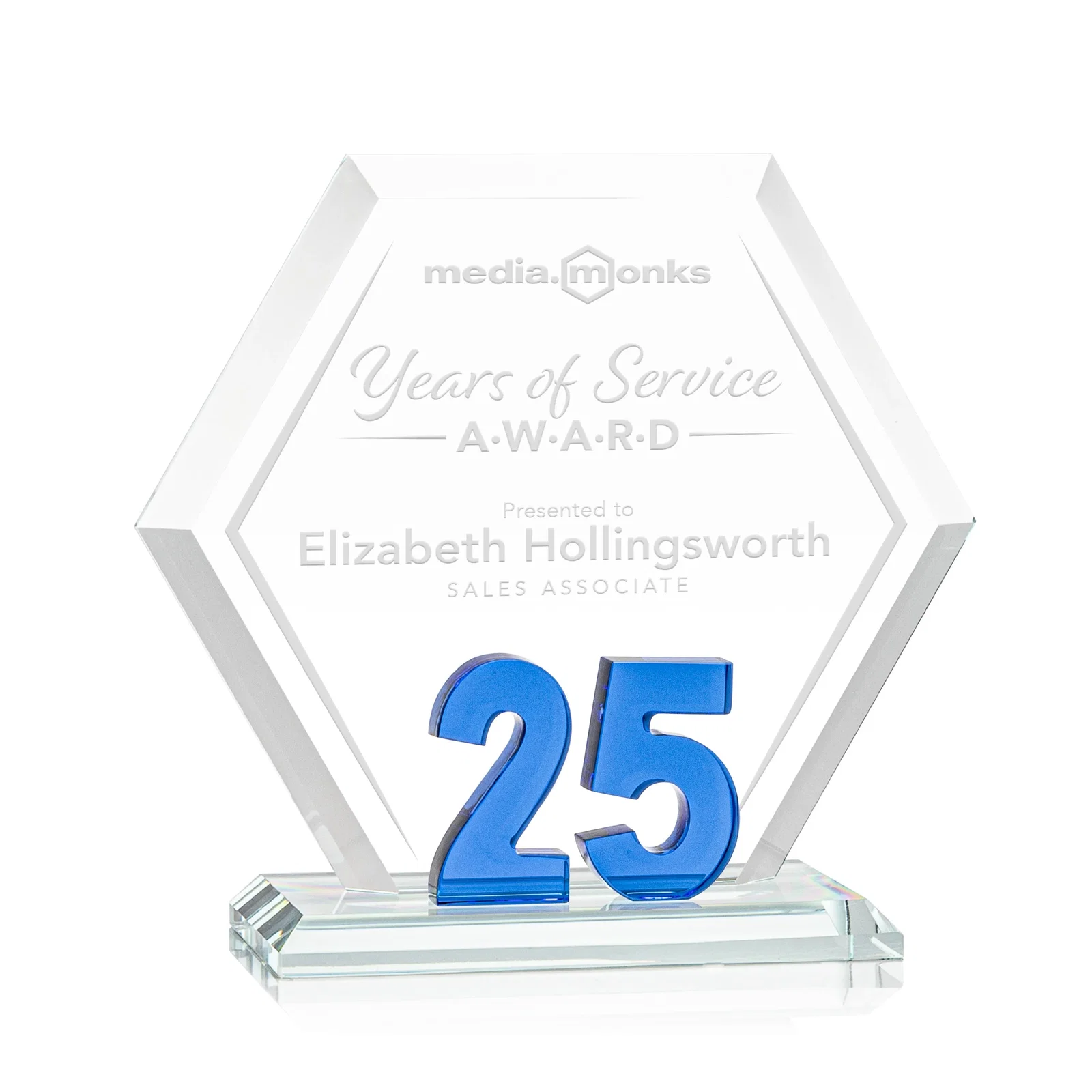 Custom Starfire Crystal Hexagon 25-Year Anniversary Award, awards for corporate award ceremonies