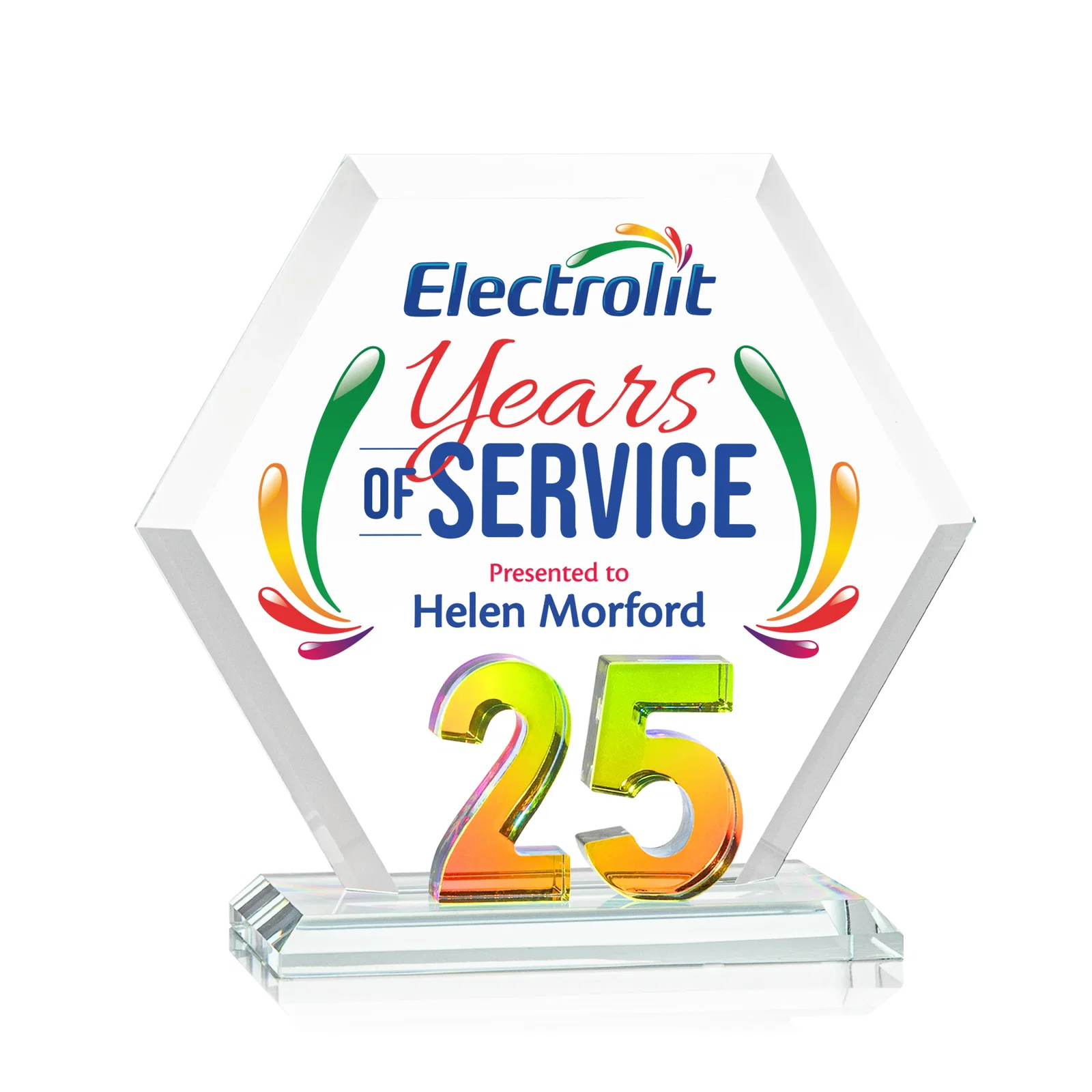 Personalized Starfire Crystal Hexagon 25-Year Anniversary Award, awards for company anniversary events