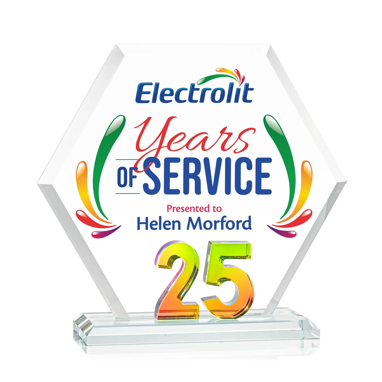 Promotional Starfire Crystal Hexagon 25-Year Anniversary Award, awards for employee recognition