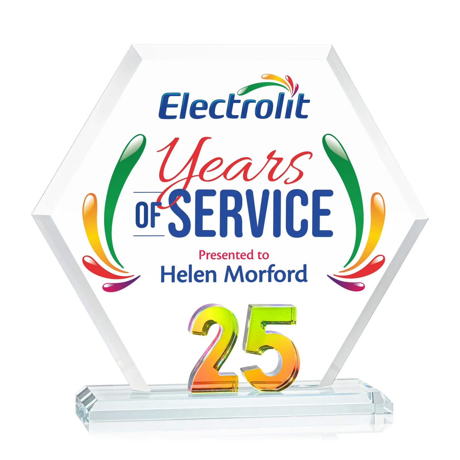 Promotional Starfire Crystal Hexagon 25-Year Anniversary Award, awards for corporate award ceremonies