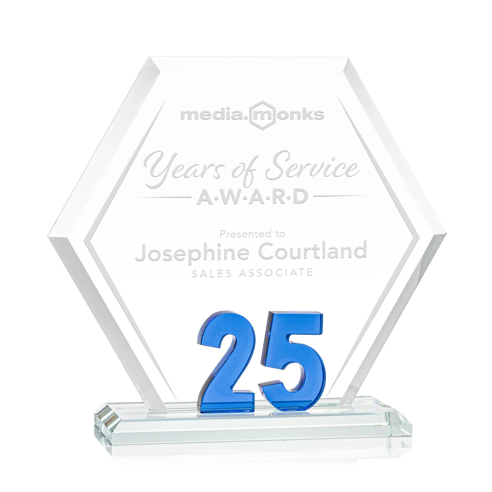 Custom Starfire Crystal Hexagon 25-Year Anniversary Award, awards for service anniversary gifts