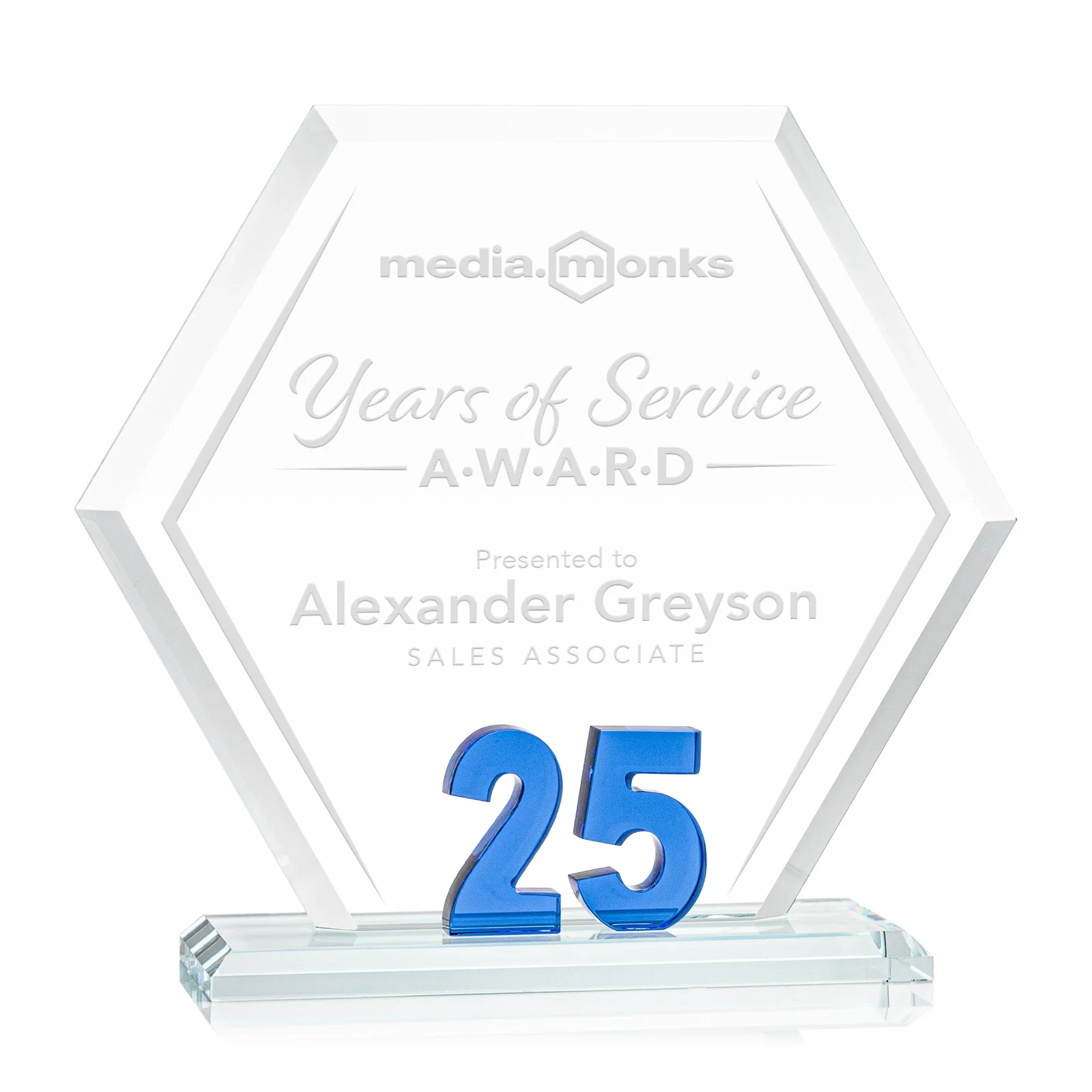 Custom Starfire Crystal Hexagon 25-Year Anniversary Award, awards for sales achievement awards