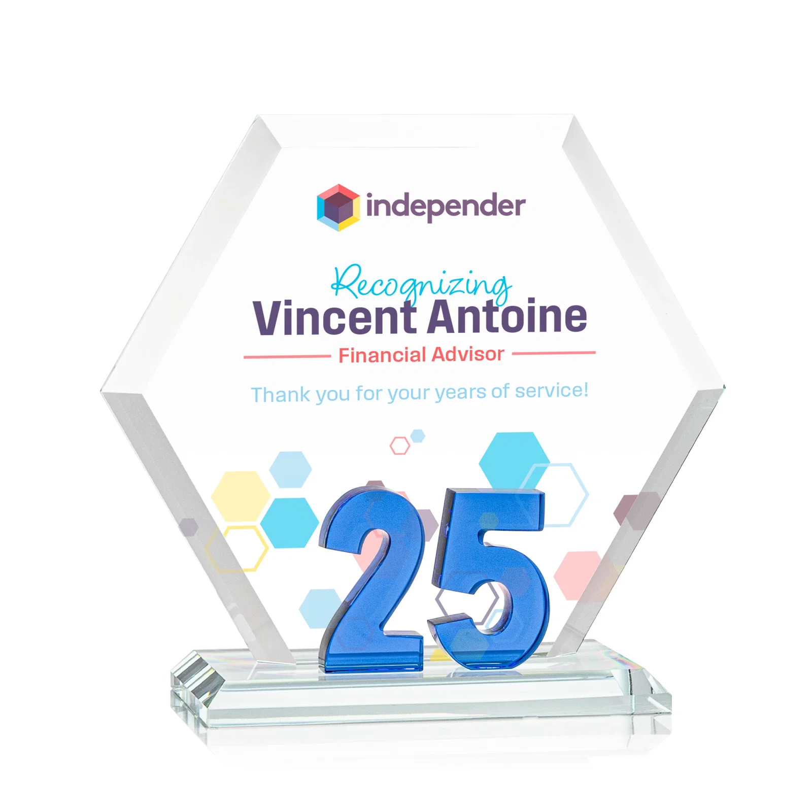 Custom Starfire Crystal Hexagon 25-Year Anniversary Award, awards for donor appreciation
