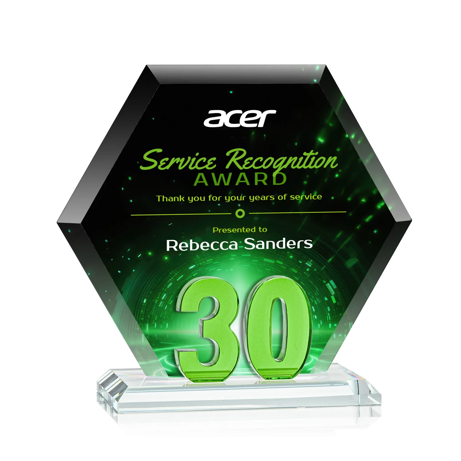 Personalized Starfire Crystal Hexagon 30-Year Anniversary Award, awards for sales achievement awards