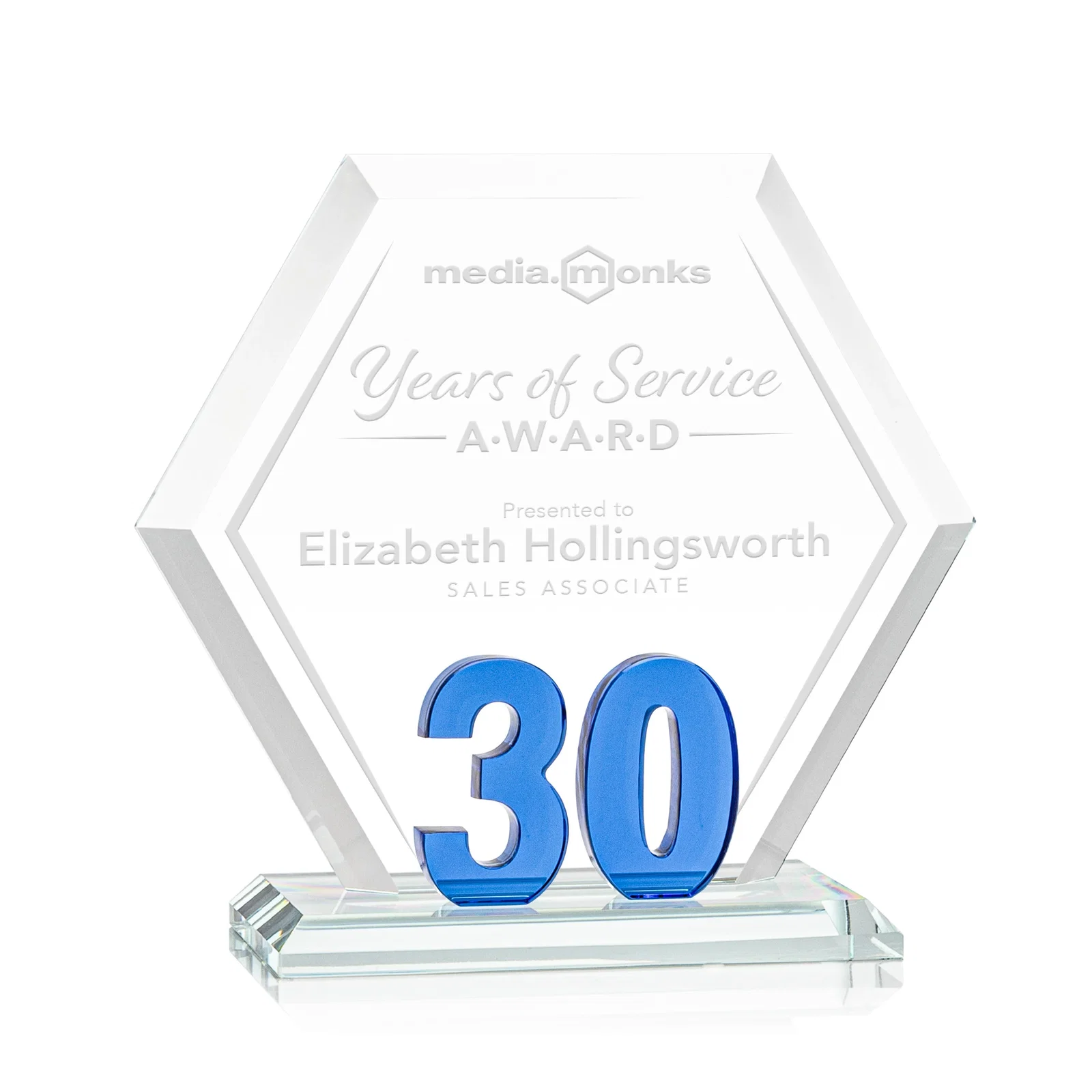 Custom Starfire Crystal Hexagon 30-Year Anniversary Award, awards for corporate award ceremonies