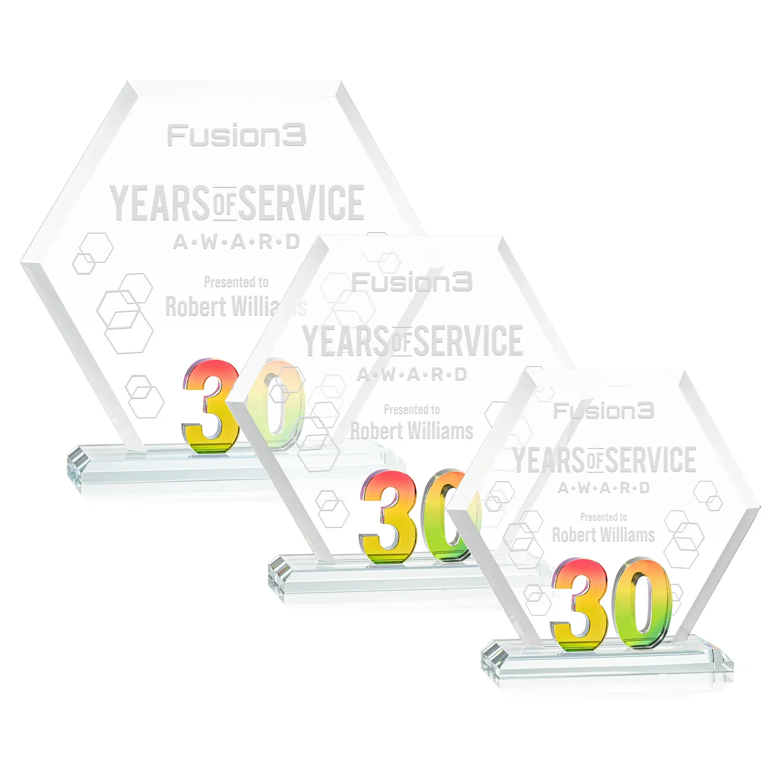 Personalized Starfire Crystal Hexagon 30-Year Anniversary Award, awards for donor appreciation