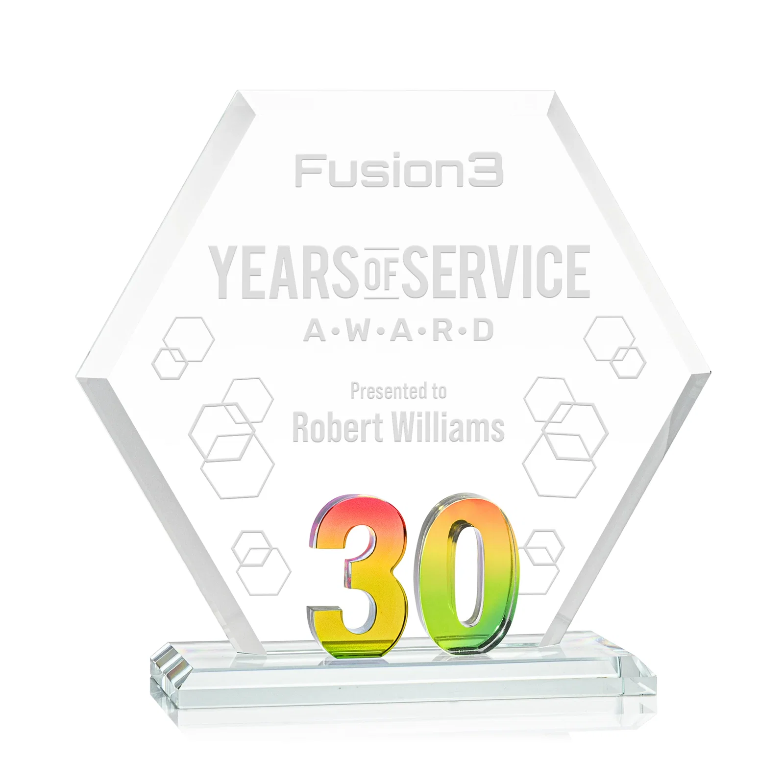 Personalized Starfire Crystal Hexagon 30-Year Anniversary Award, awards for safety achievement programs