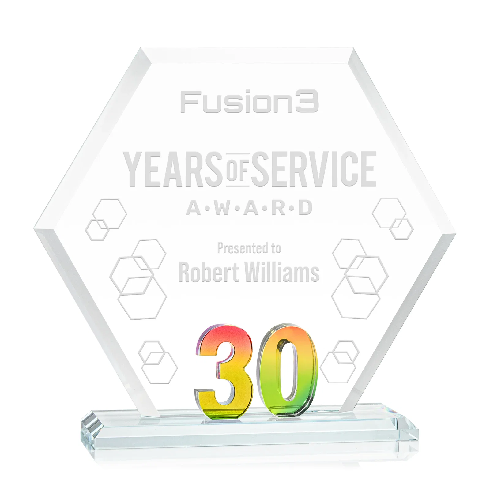 Personalized Starfire Crystal Hexagon 30-Year Anniversary Award, awards for volunteer appreciation