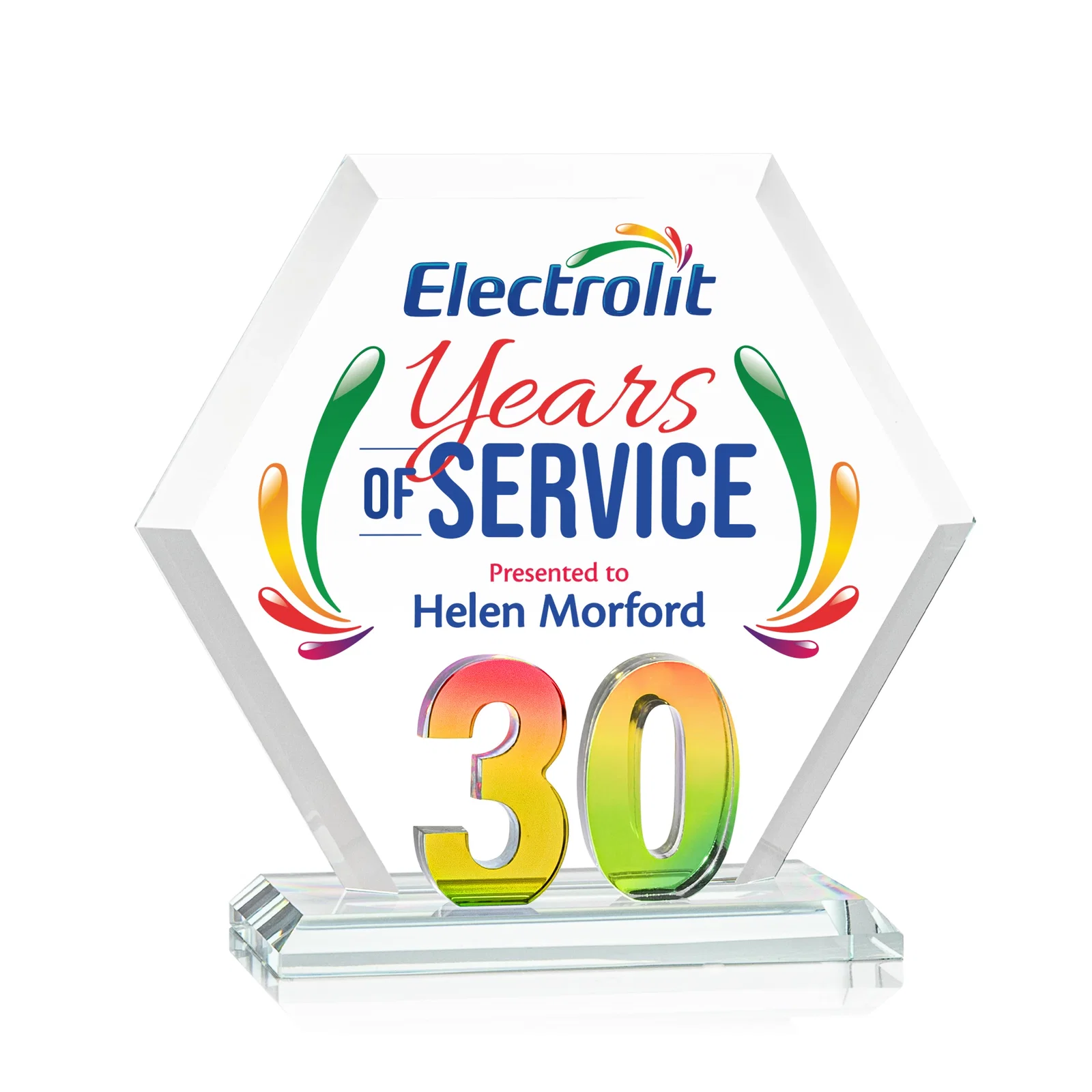 Personalized Starfire Crystal Hexagon 30-Year Anniversary Award, awards for company anniversary events