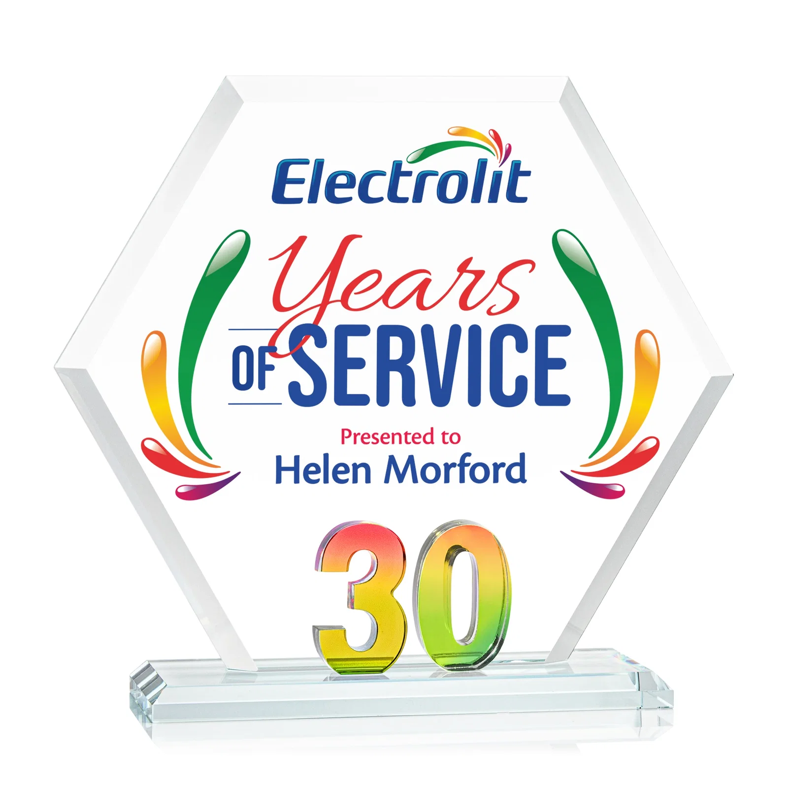 Promotional Starfire Crystal Hexagon 30-Year Anniversary Award, awards for corporate award ceremonies