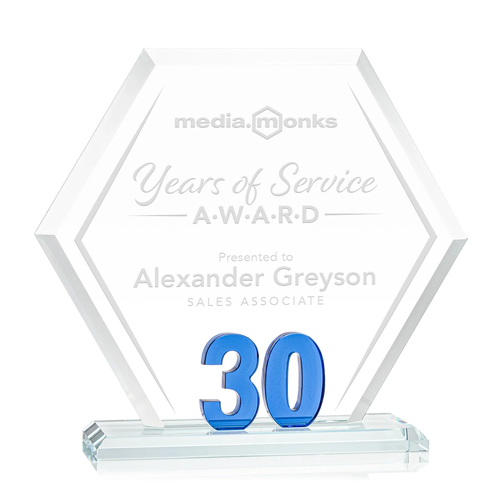 Custom Starfire Crystal Hexagon 30-Year Anniversary Award, awards for sales achievement awards