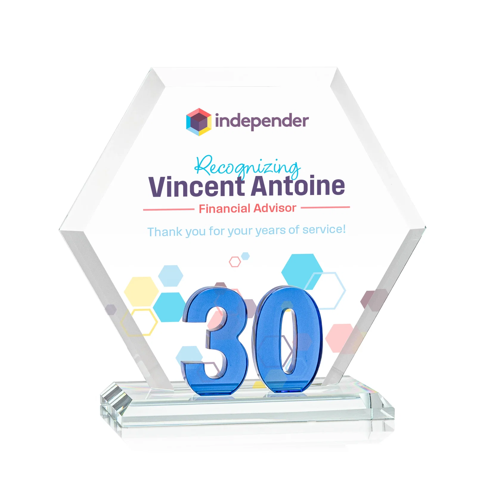Custom Starfire Crystal Hexagon 30-Year Anniversary Award, awards for donor appreciation