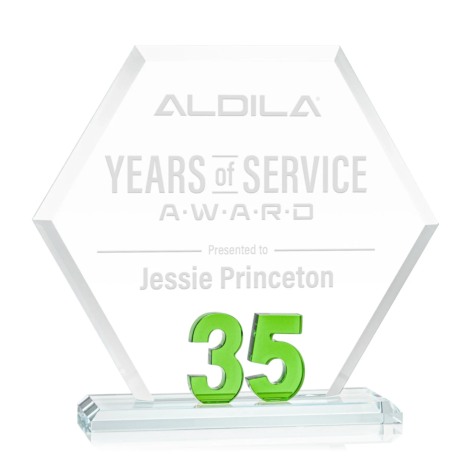 Personalized Starfire Crystal Hexagon 35-Year Anniversary Award, awards for employee recognition