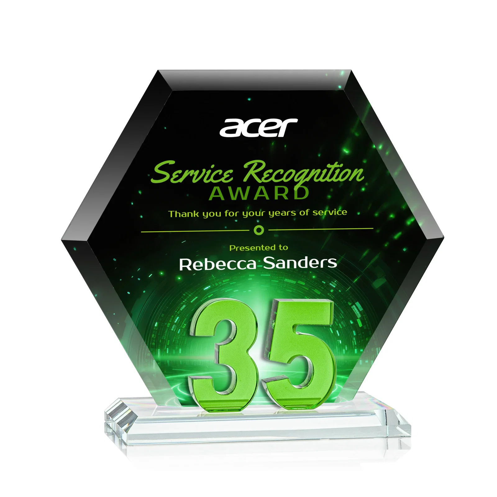 Personalized Starfire Crystal Hexagon 35-Year Anniversary Award, awards for sales achievement awards