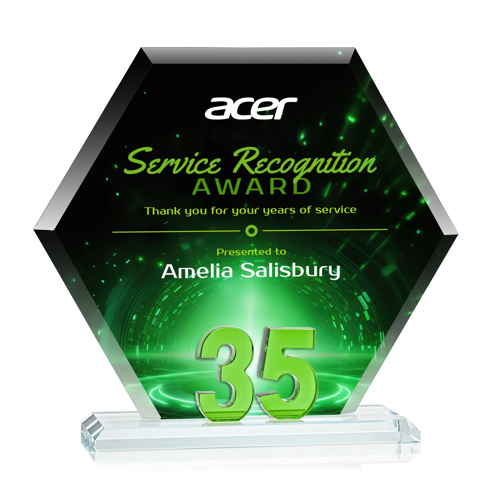 Personalized Starfire Crystal Hexagon 35-Year Anniversary Award, awards for team milestone celebrations