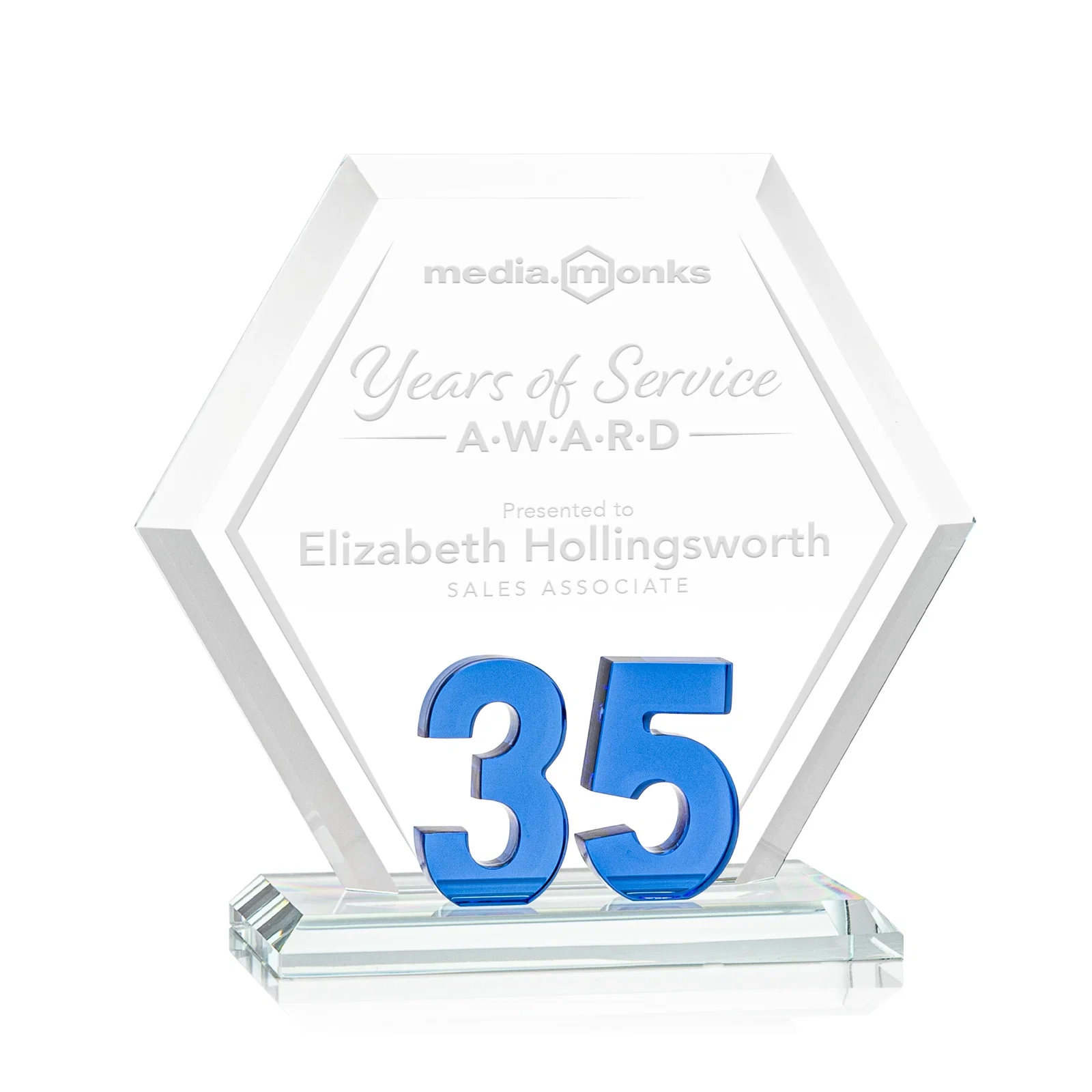 Custom Starfire Crystal Hexagon 35-Year Anniversary Award, awards for corporate award ceremonies