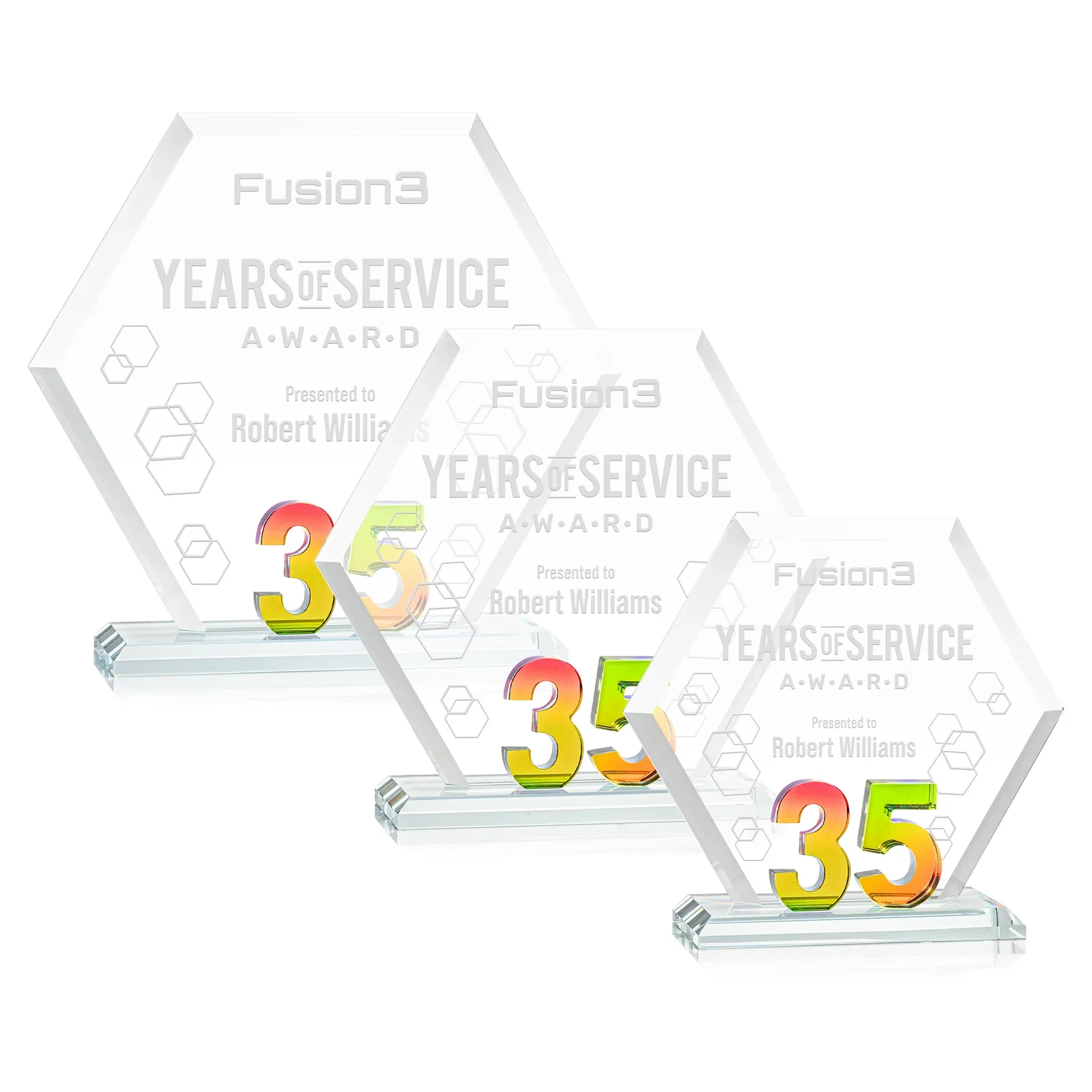 Personalized Starfire Crystal Hexagon 35-Year Anniversary Award, awards for donor appreciation