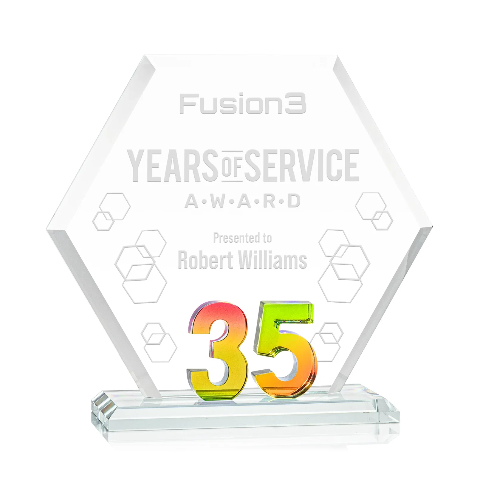 Personalized Starfire Crystal Hexagon 35-Year Anniversary Award, awards for safety achievement programs
