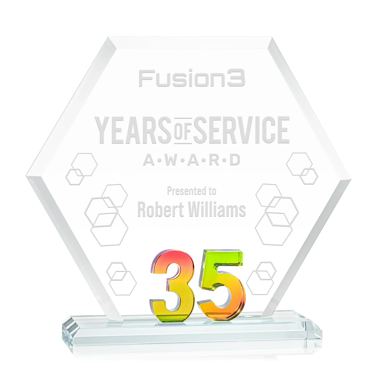 Personalized Starfire Crystal Hexagon 35-Year Anniversary Award, awards for volunteer appreciation