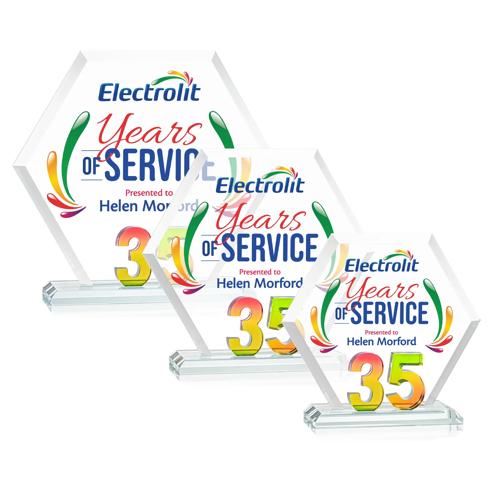 Personalized Starfire Crystal Hexagon 35-Year Anniversary Award, awards for dealer and partner awards
