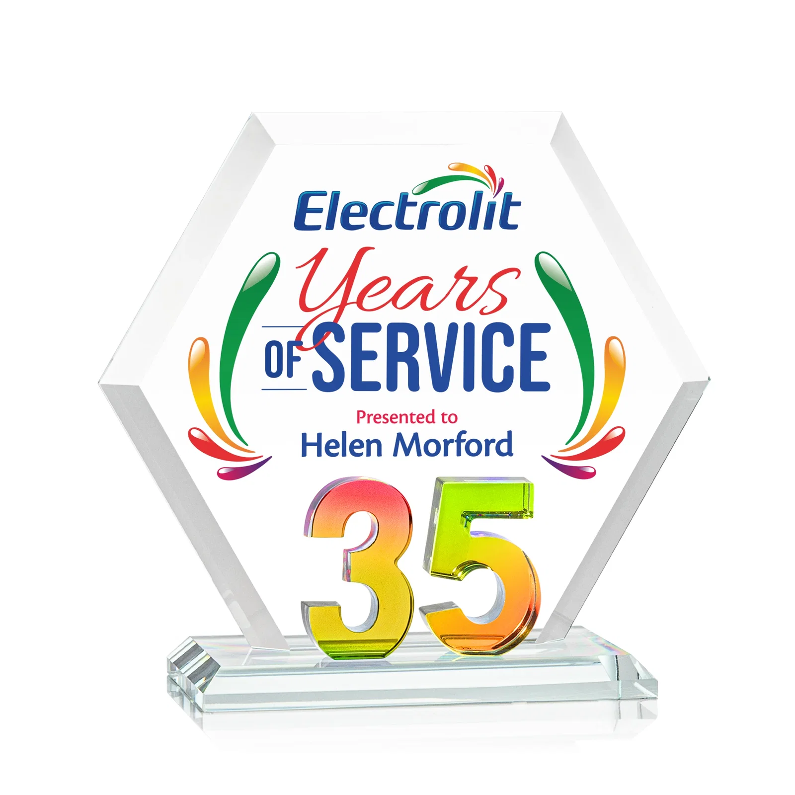 Personalized Starfire Crystal Hexagon 35-Year Anniversary Award, awards for company anniversary events