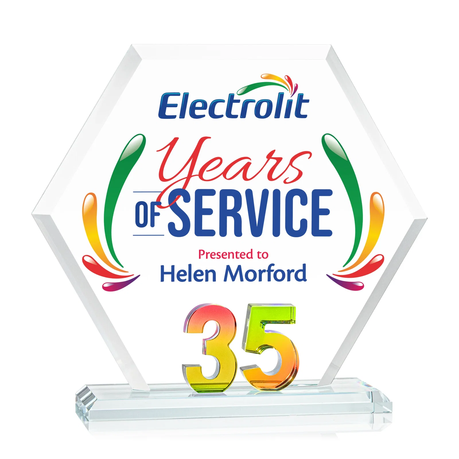 Promotional Starfire Crystal Hexagon 35-Year Anniversary Award, awards for corporate award ceremonies