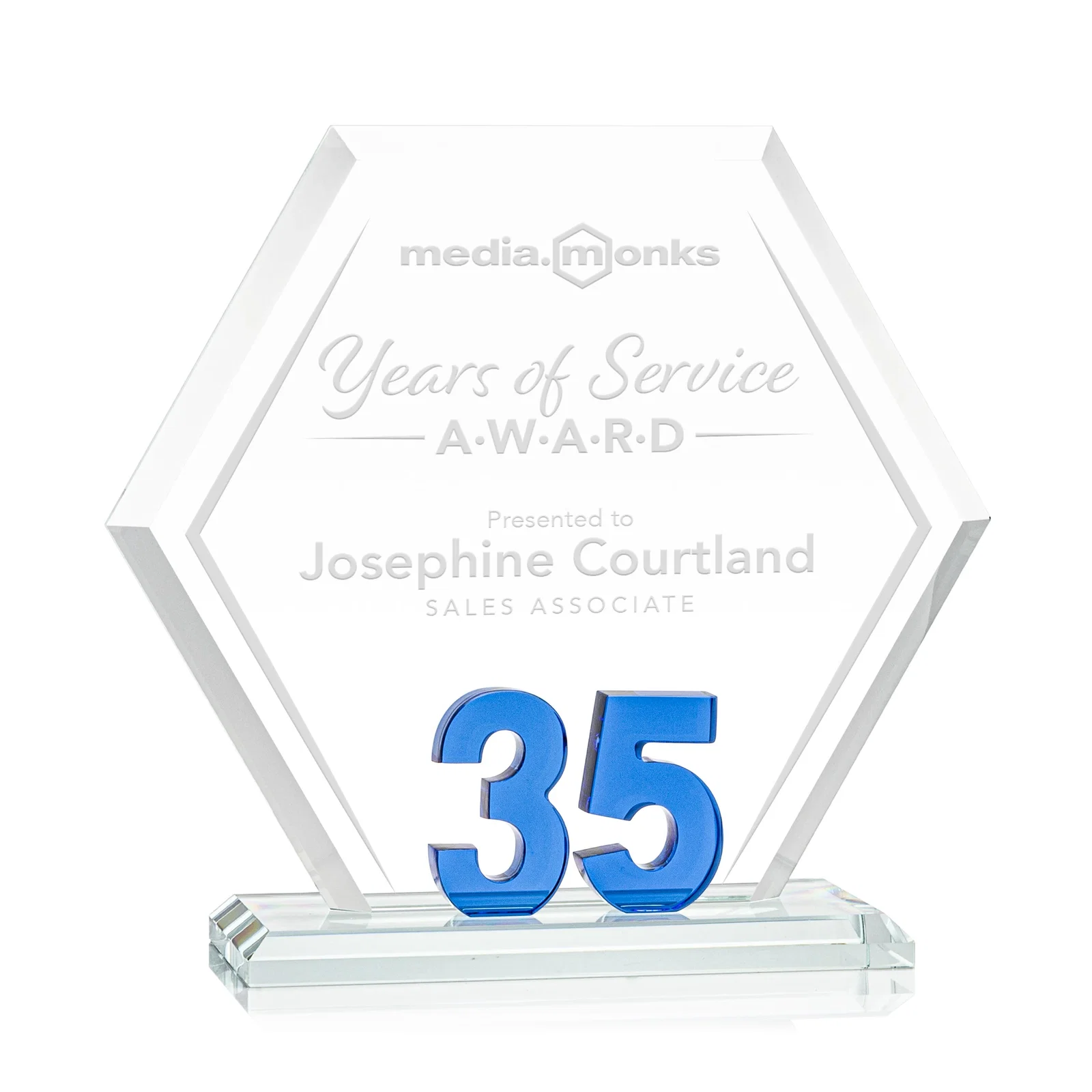 Custom Starfire Crystal Hexagon 35-Year Anniversary Award, awards for service anniversary gifts