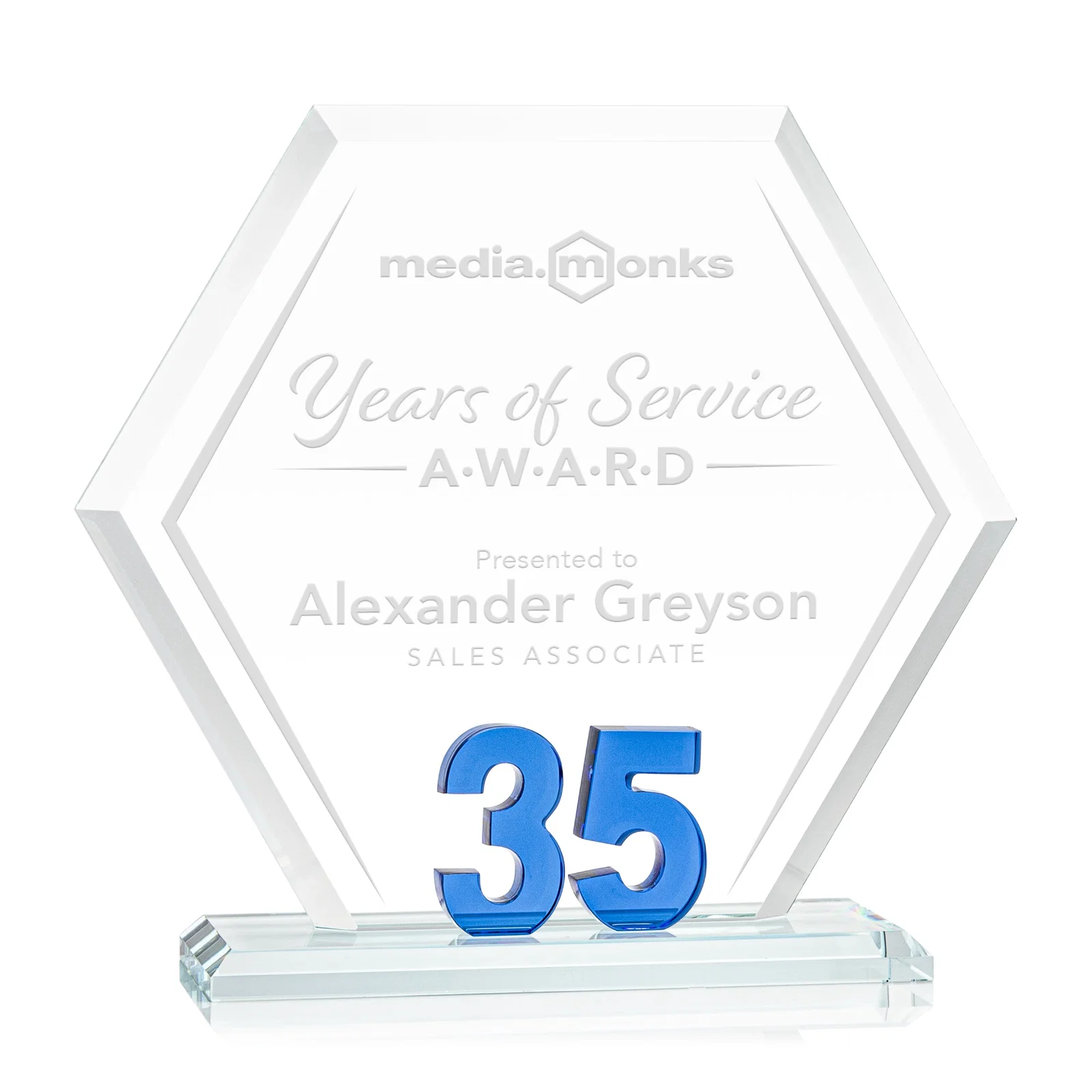 Custom Starfire Crystal Hexagon 35-Year Anniversary Award, awards for sales achievement awards