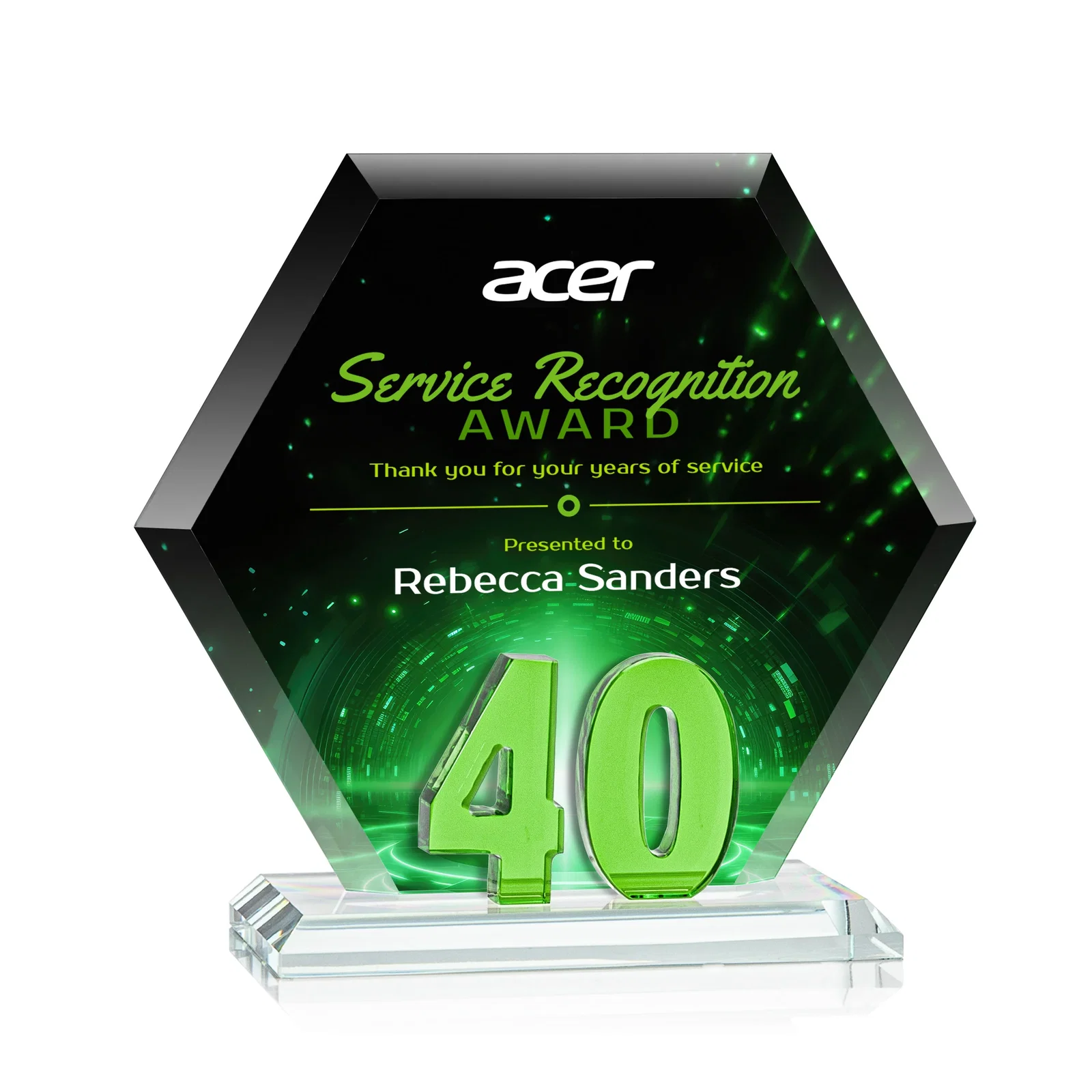 Personalized Starfire Crystal Hexagon 40-Year Anniversary Award, awards for sales achievement awards