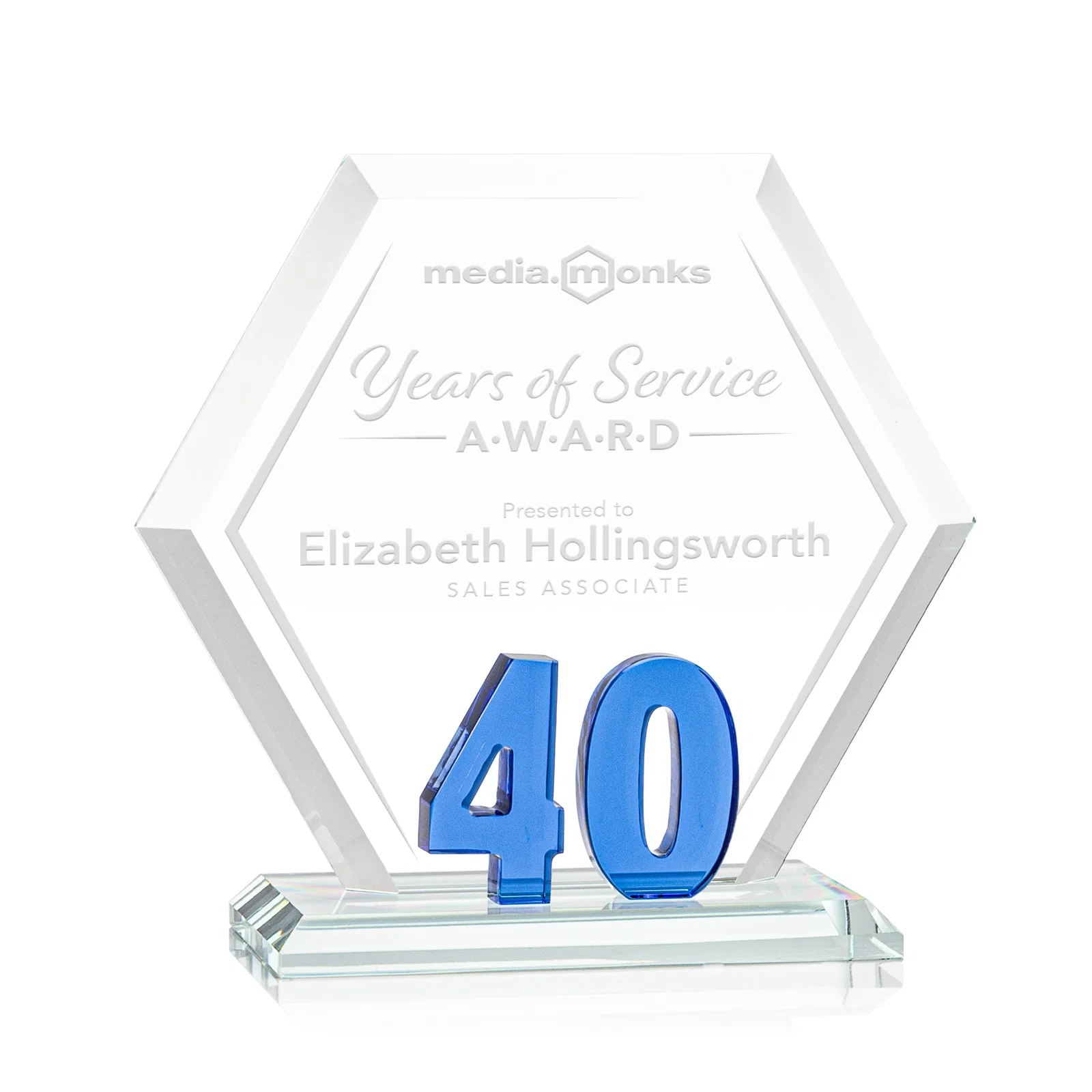Custom Starfire Crystal Hexagon 40-Year Anniversary Award, awards for corporate award ceremonies