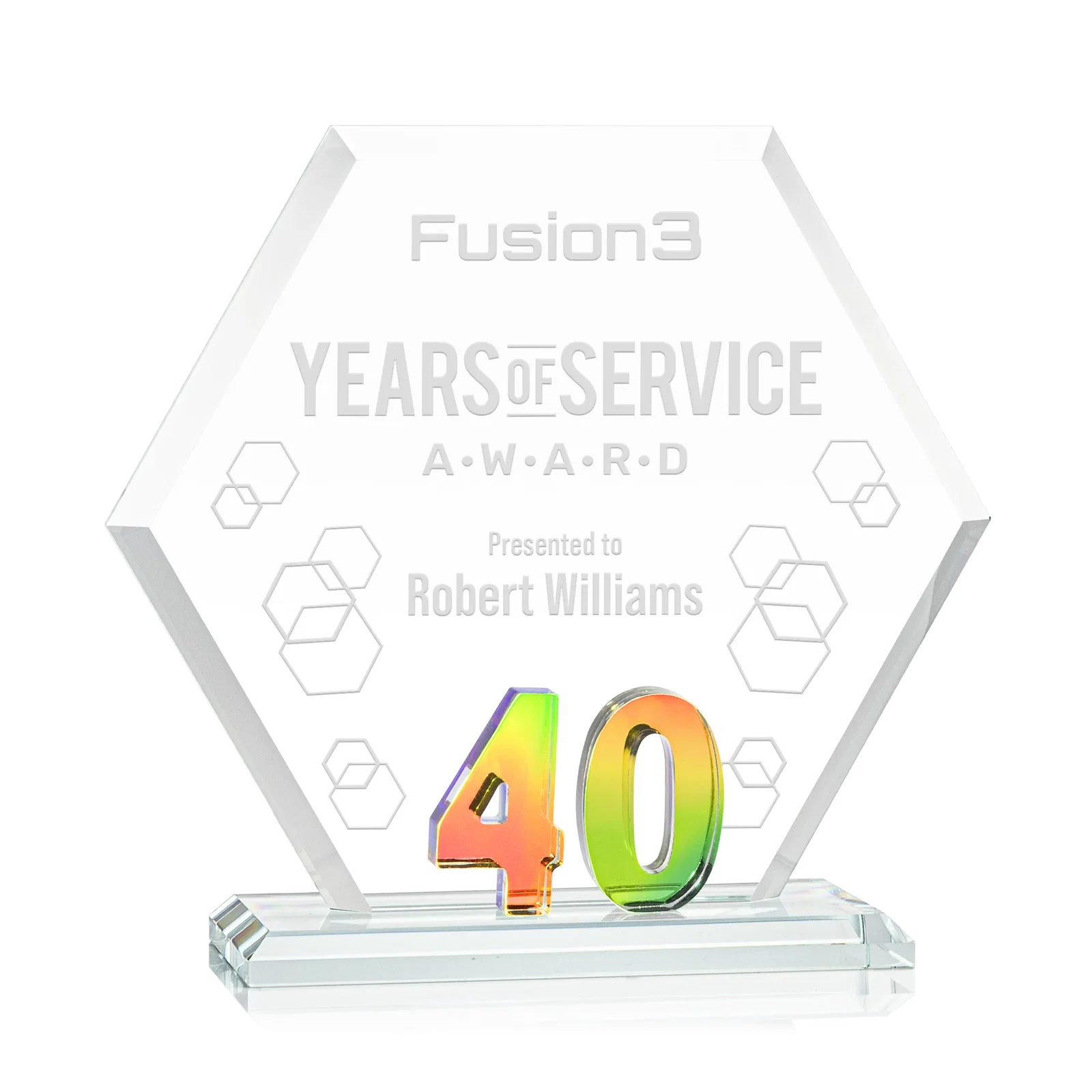 Personalized Starfire Crystal Hexagon 40-Year Anniversary Award, awards for safety achievement programs