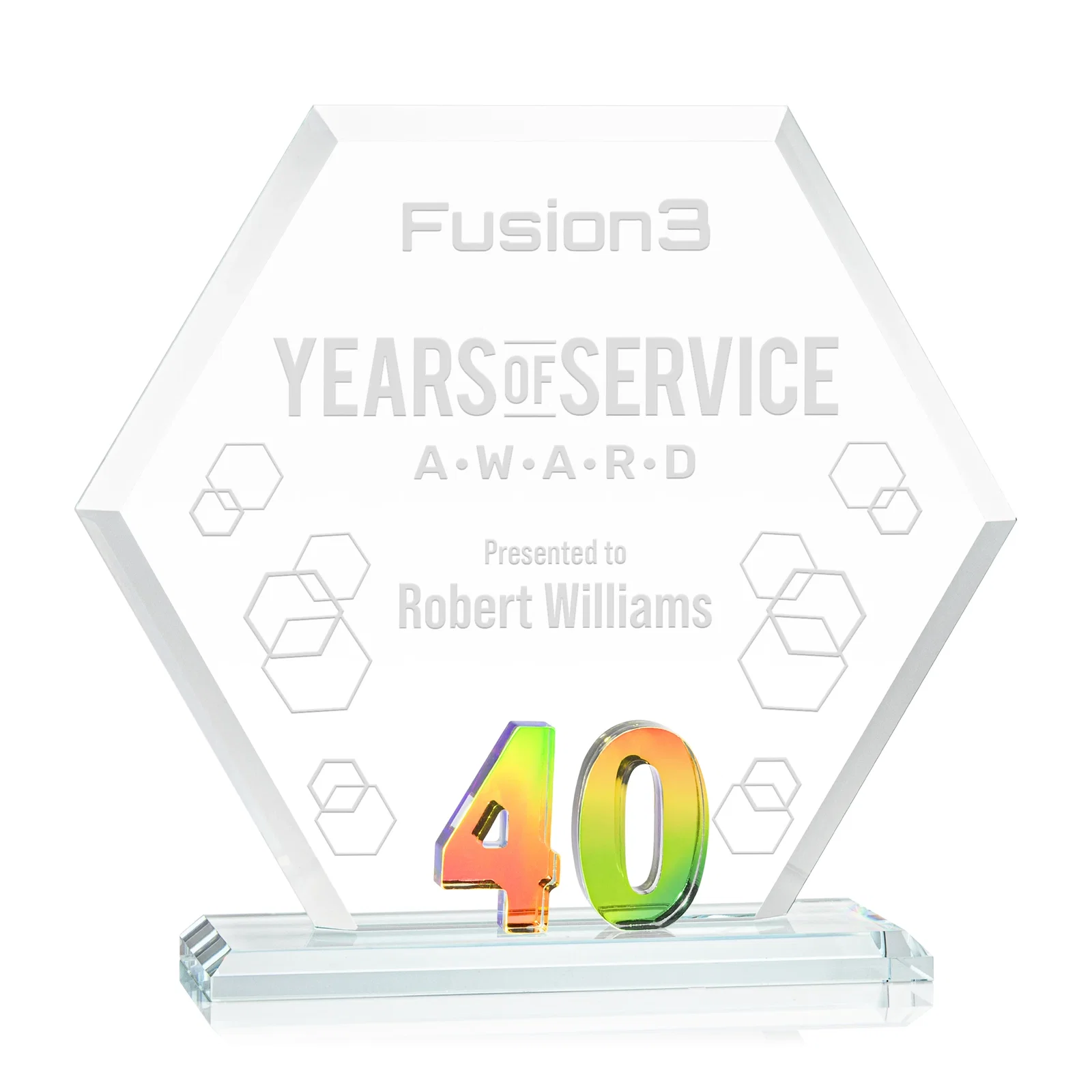 Personalized Starfire Crystal Hexagon 40-Year Anniversary Award, awards for volunteer appreciation
