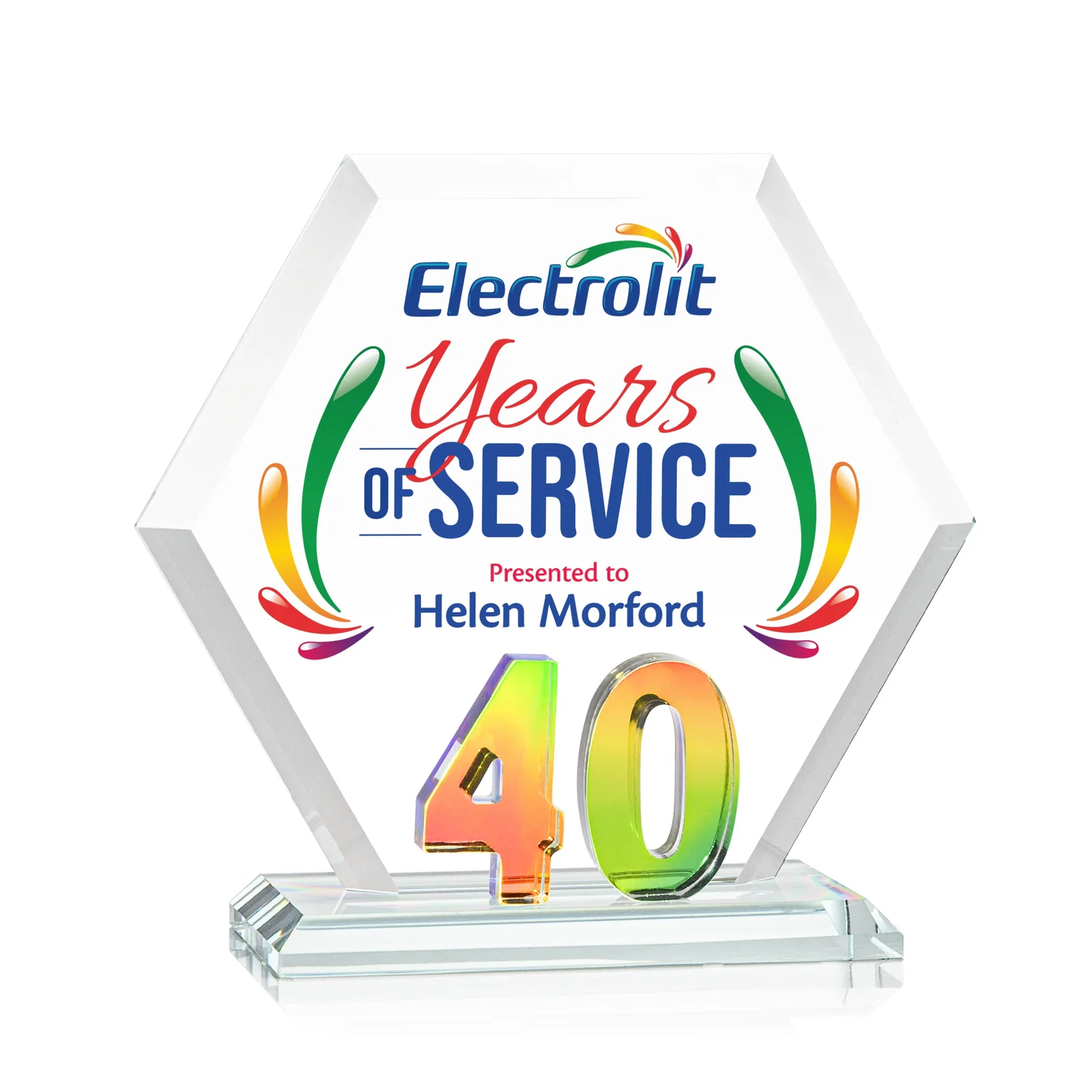 Personalized Starfire Crystal Hexagon 40-Year Anniversary Award, awards for company anniversary events