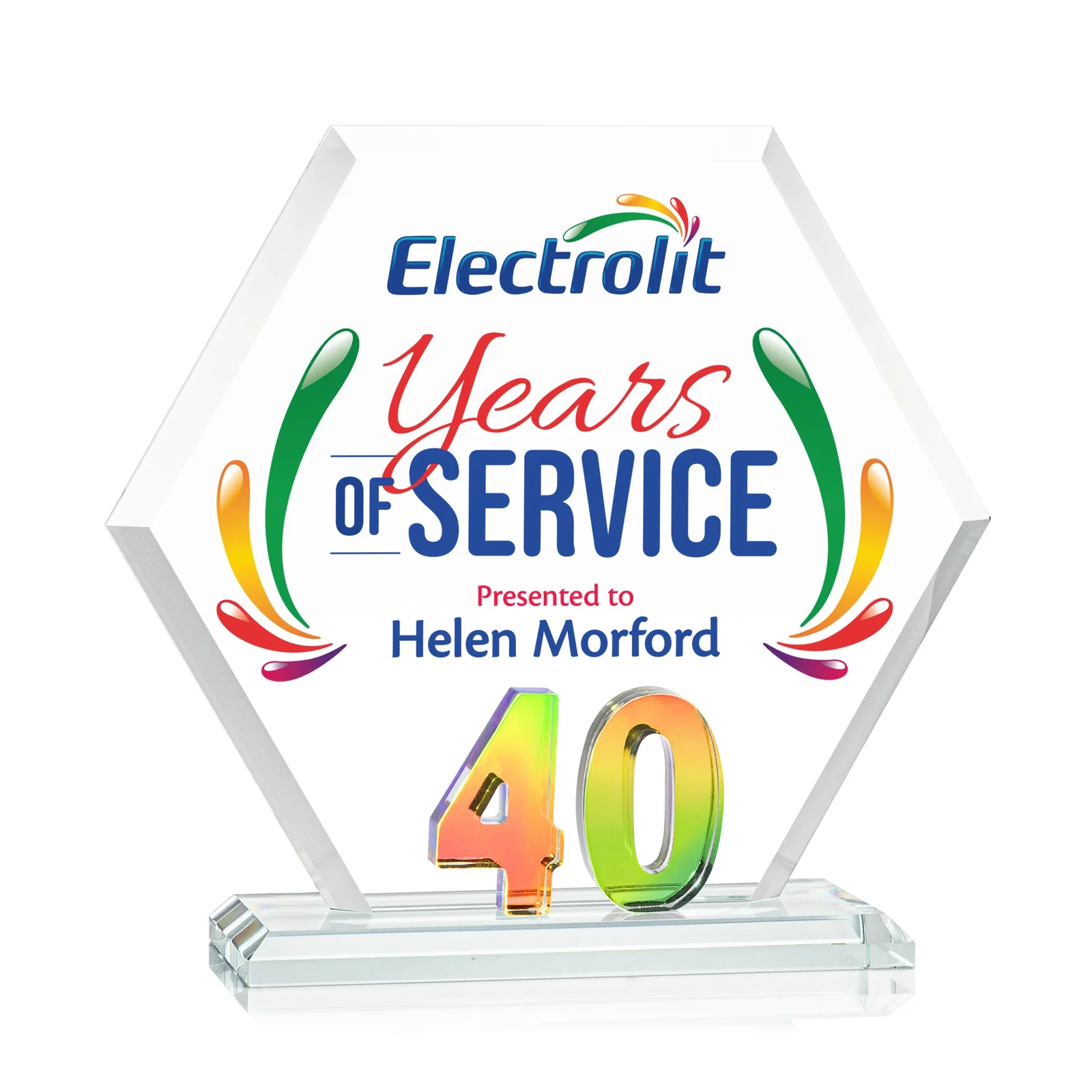 Promotional Starfire Crystal Hexagon 40-Year Anniversary Award, awards for employee recognition