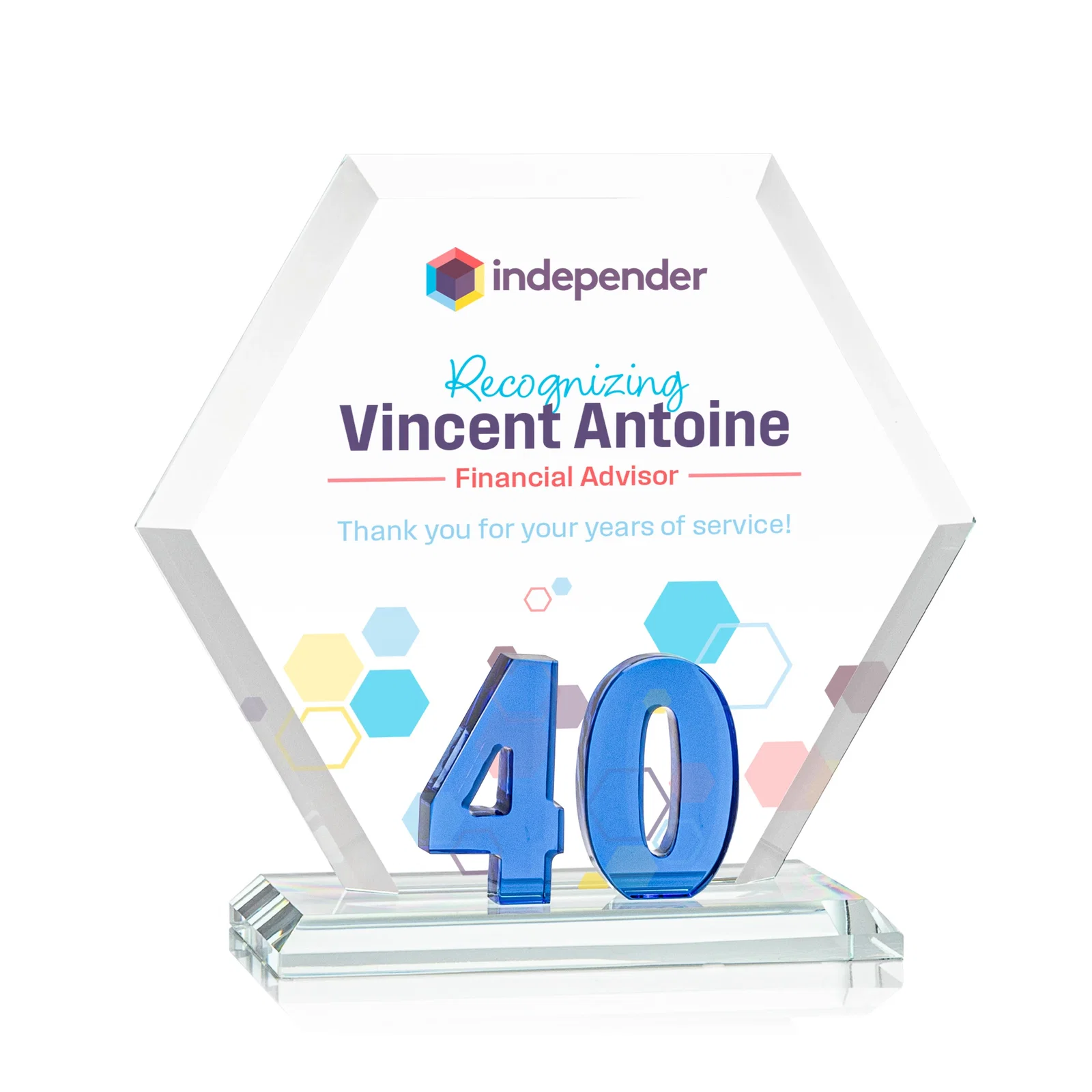 Custom Starfire Crystal Hexagon 40-Year Anniversary Award, awards for team milestone celebrations