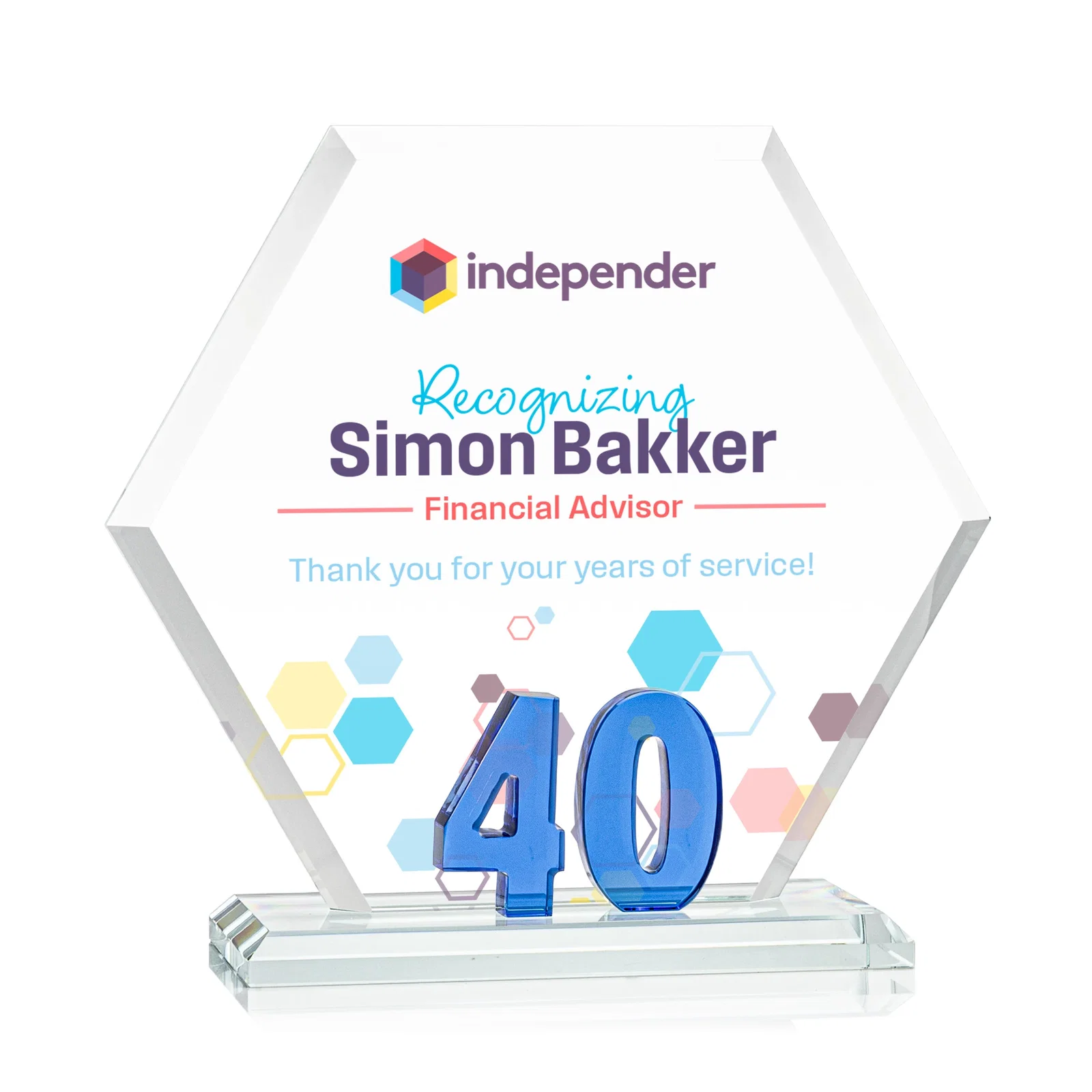 Custom Starfire Crystal Hexagon 40-Year Anniversary Award, awards for donor appreciation