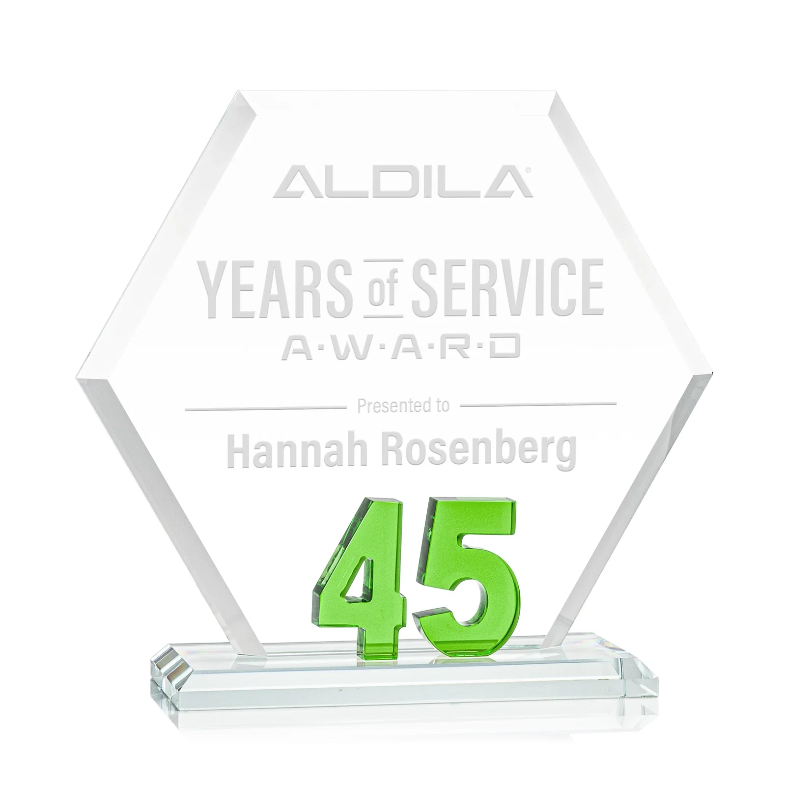 Custom Starfire Crystal Hexagon 45-Year Anniversary Award, awards for company anniversary events